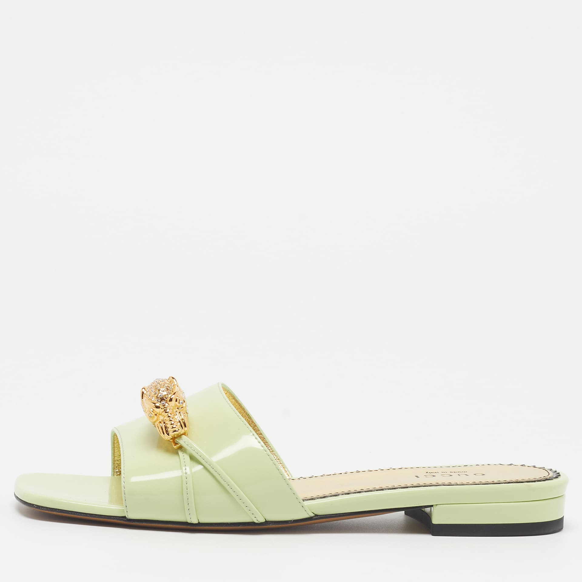 Gucci Tiger Head Size 36 Light Green Patent Leather Crystal Embellished Flat Slide