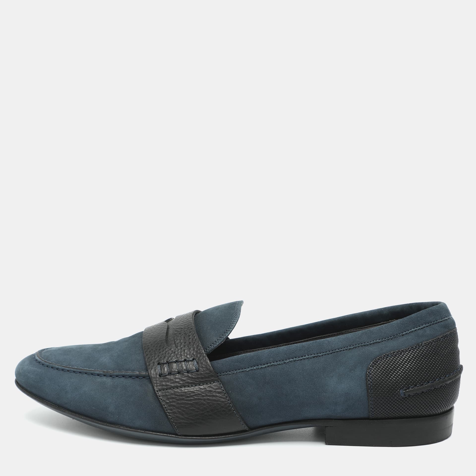 Lanvin Size 44 Navy Blue/Black Leather and Suede Penny Loafers