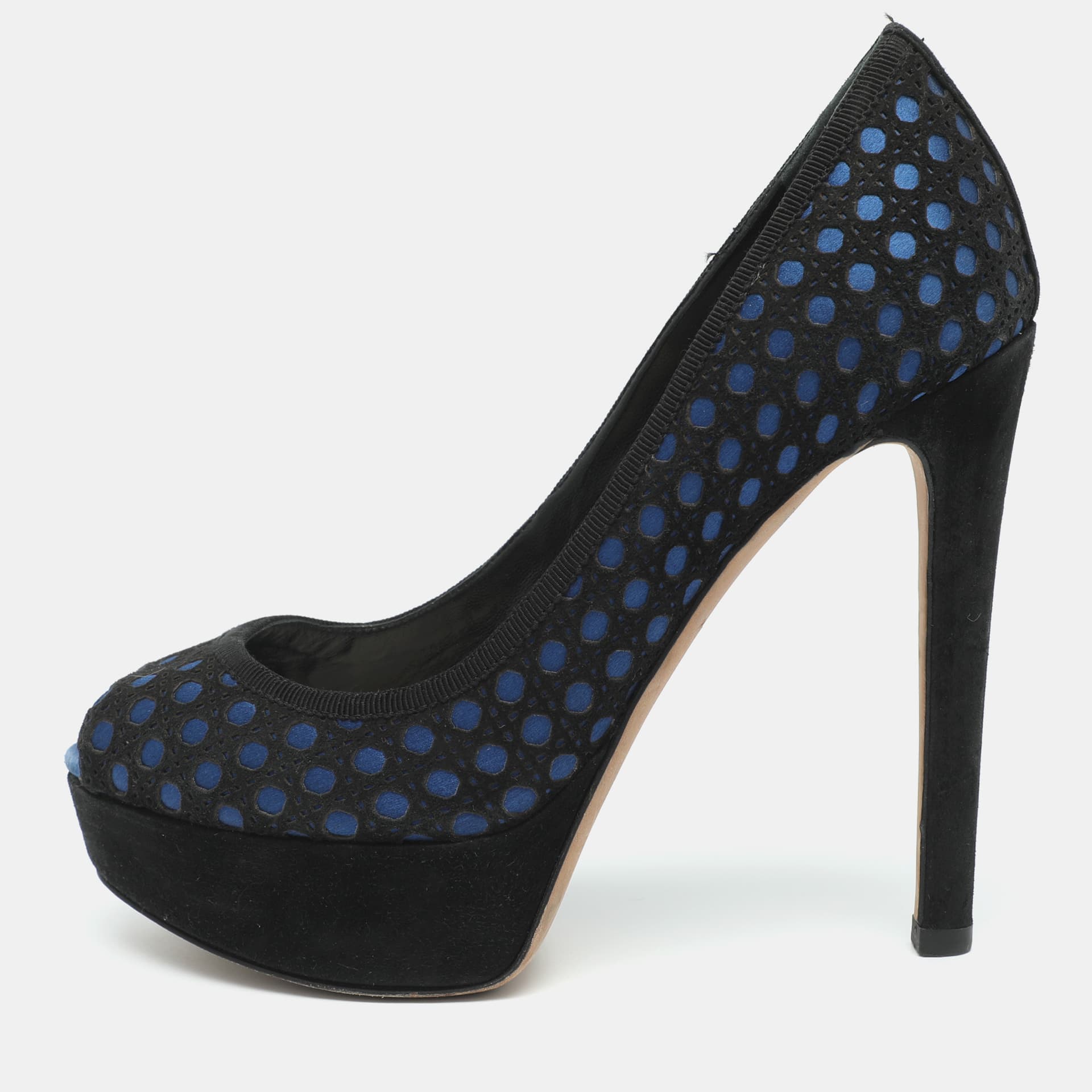 Dior Size 36 Black/Blue Cannage Cutout Suede Peep Toe Platform Pumps