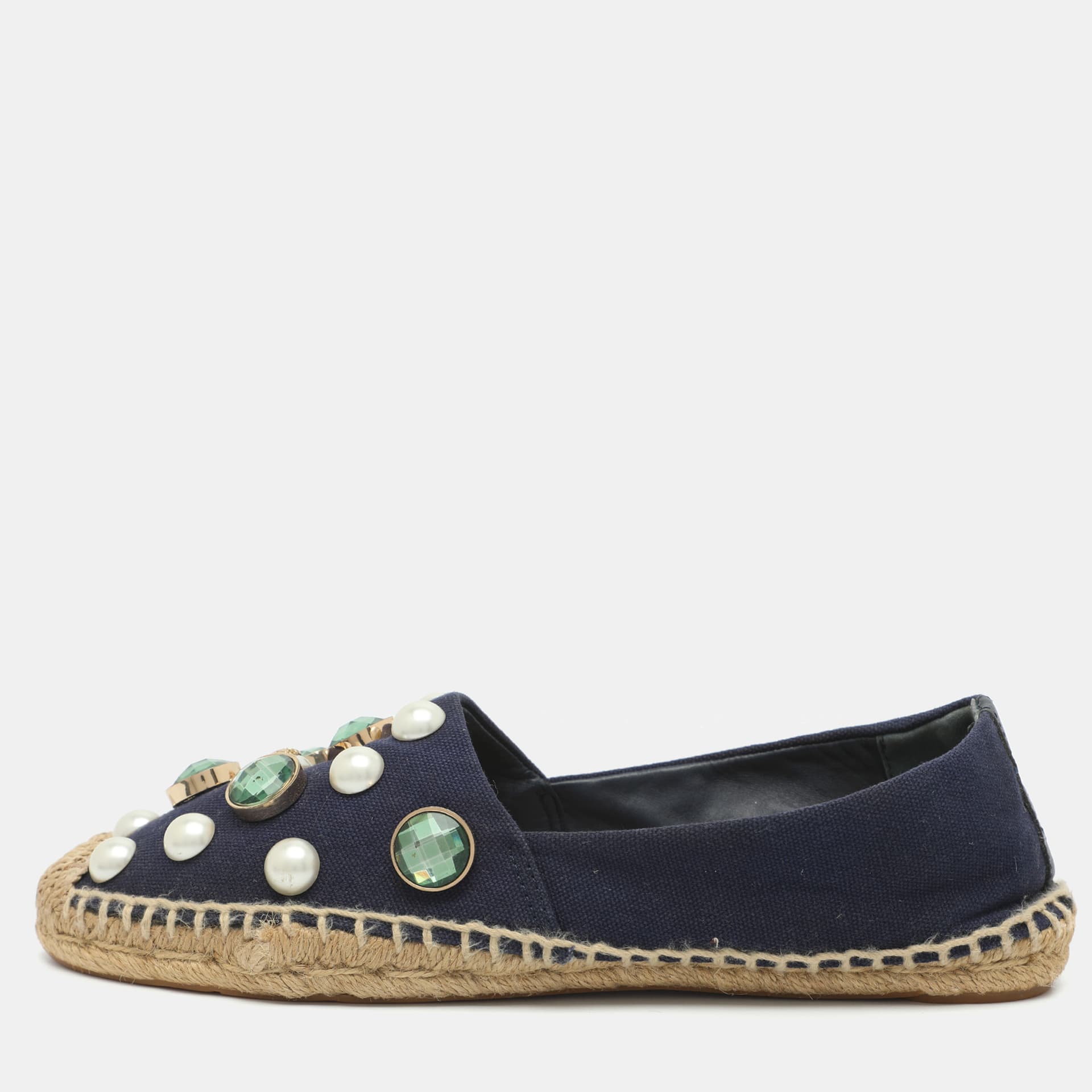 Tory Burch Vail Size 39 Navy Blue Canvas Crystal/Faux Pearl Embellished Espadrille Flats