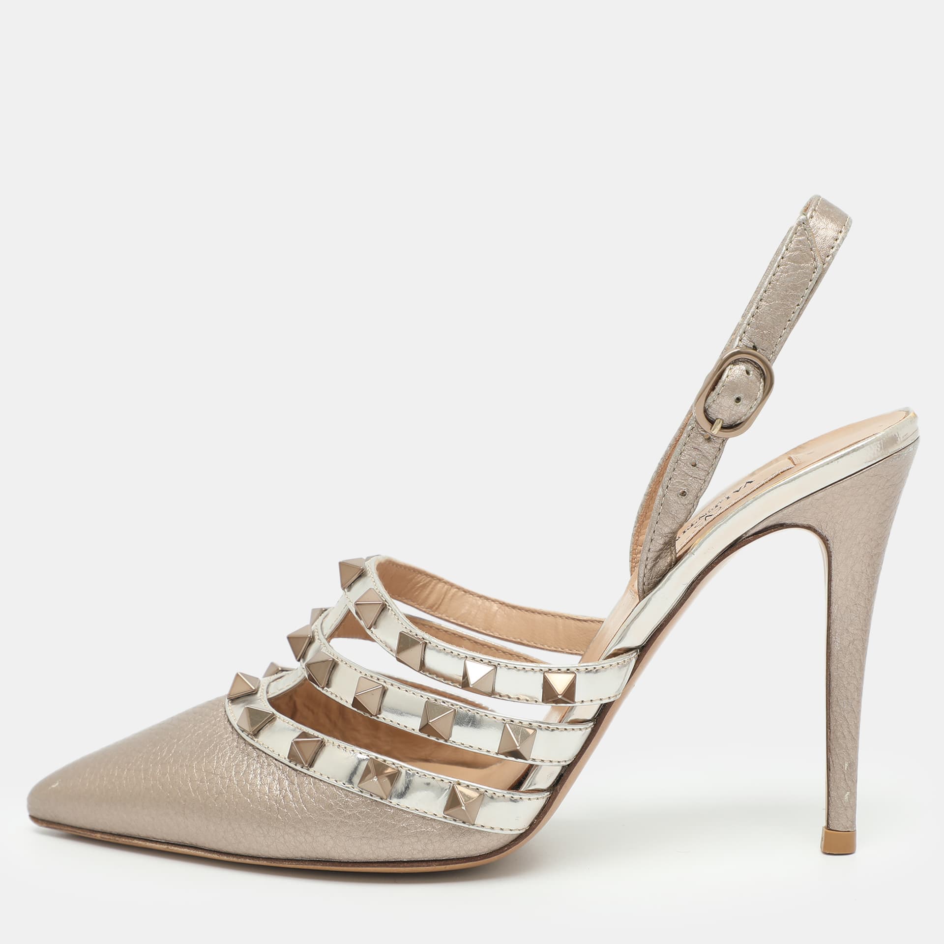 Valentino Rockstud Size 37 Silver/Metallic Beige Patent and Leather Pumps
