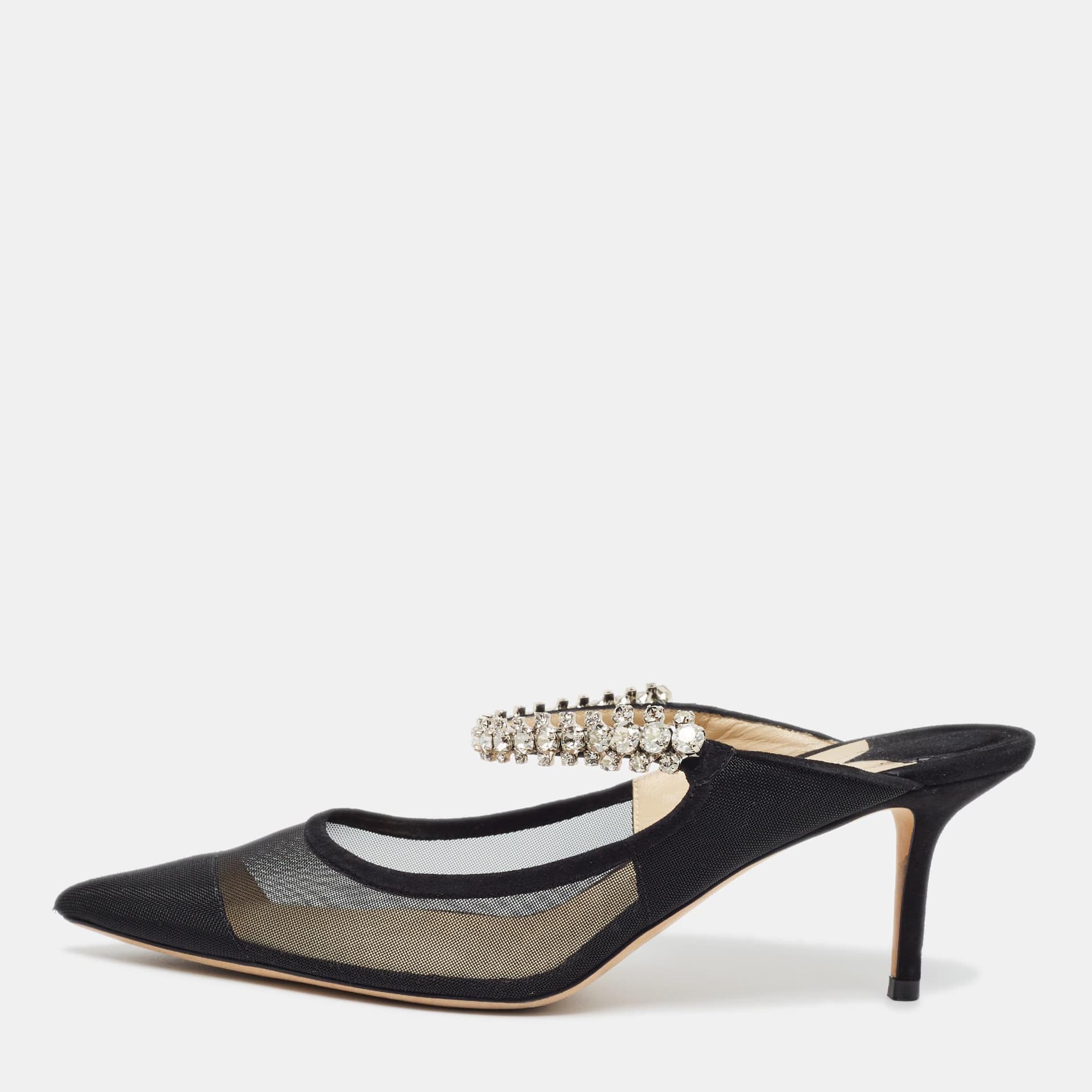 Jimmy Choo Bing 100 Size 40 Black Net and Suede Mules