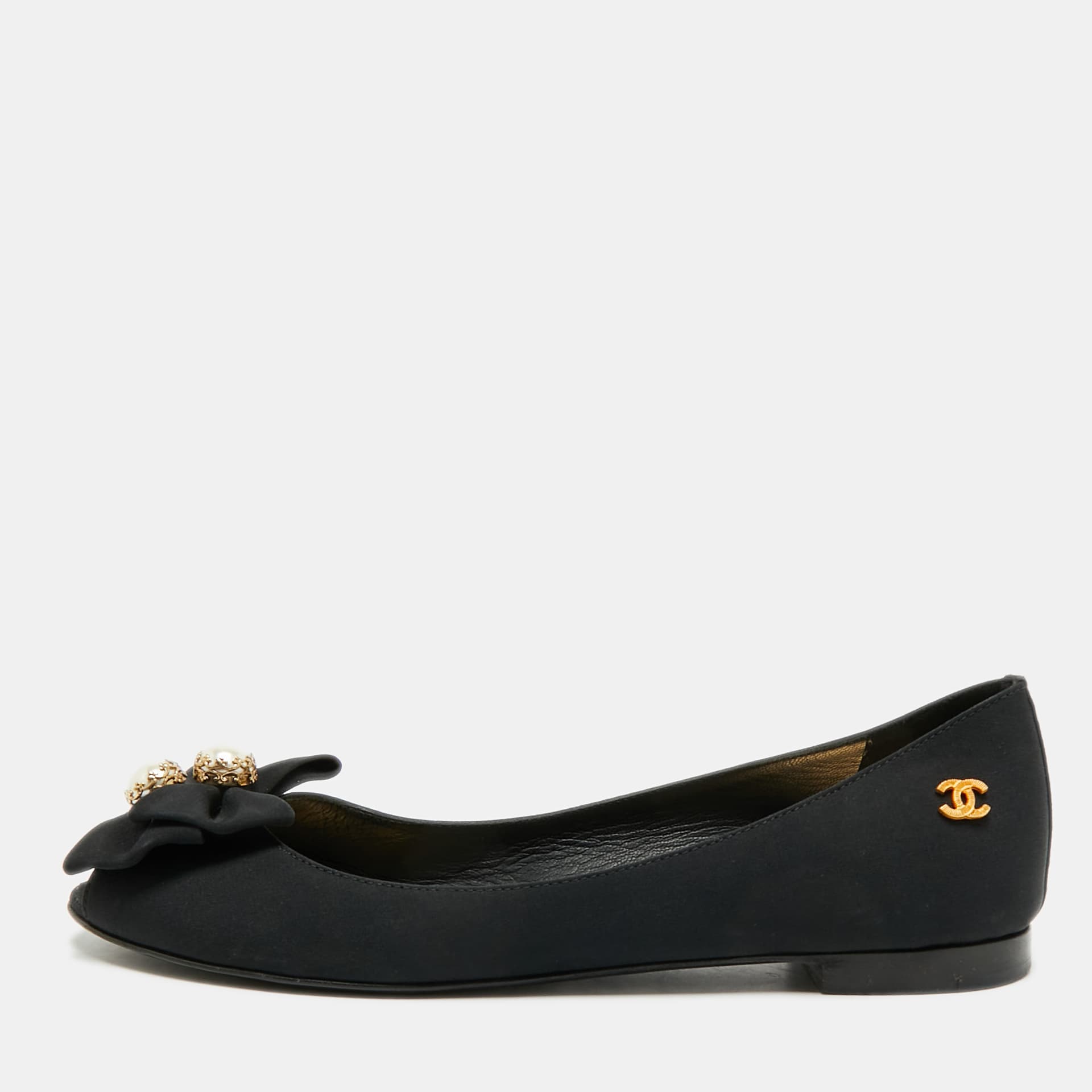 Chanel Size 37 Black Canvas Ballet Bow Peep Toe Ballet Flats