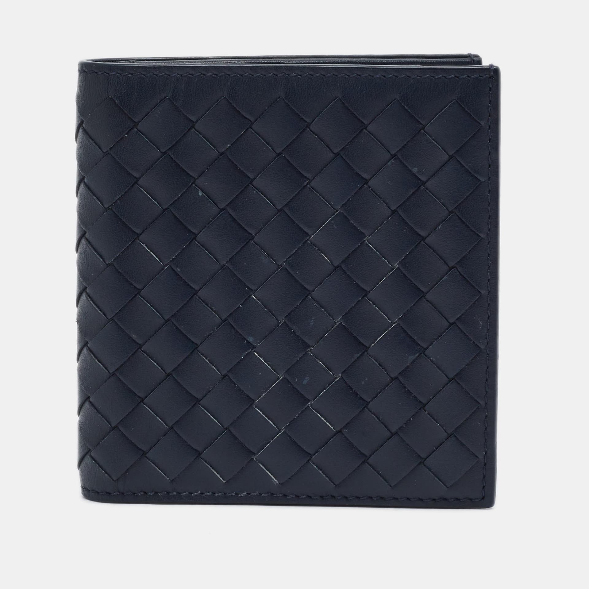 Bottega Veneta Navy Blue Intrecciato Leather Bifold Wallet