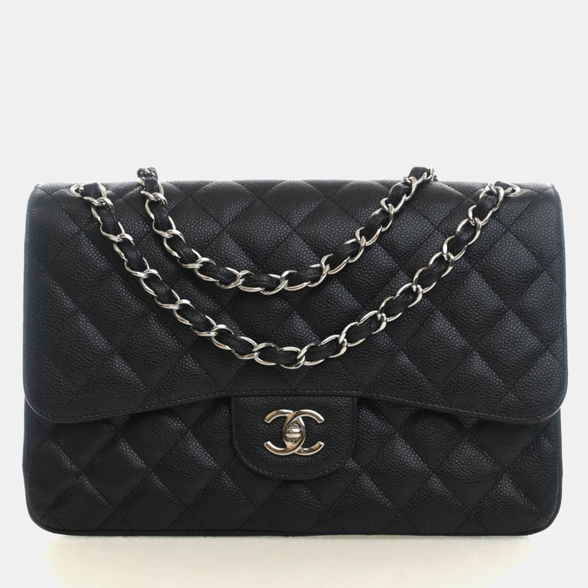 Chanel Classic Double Flap Jumbo Black Grained Calfskin Leather Shoulder Bag