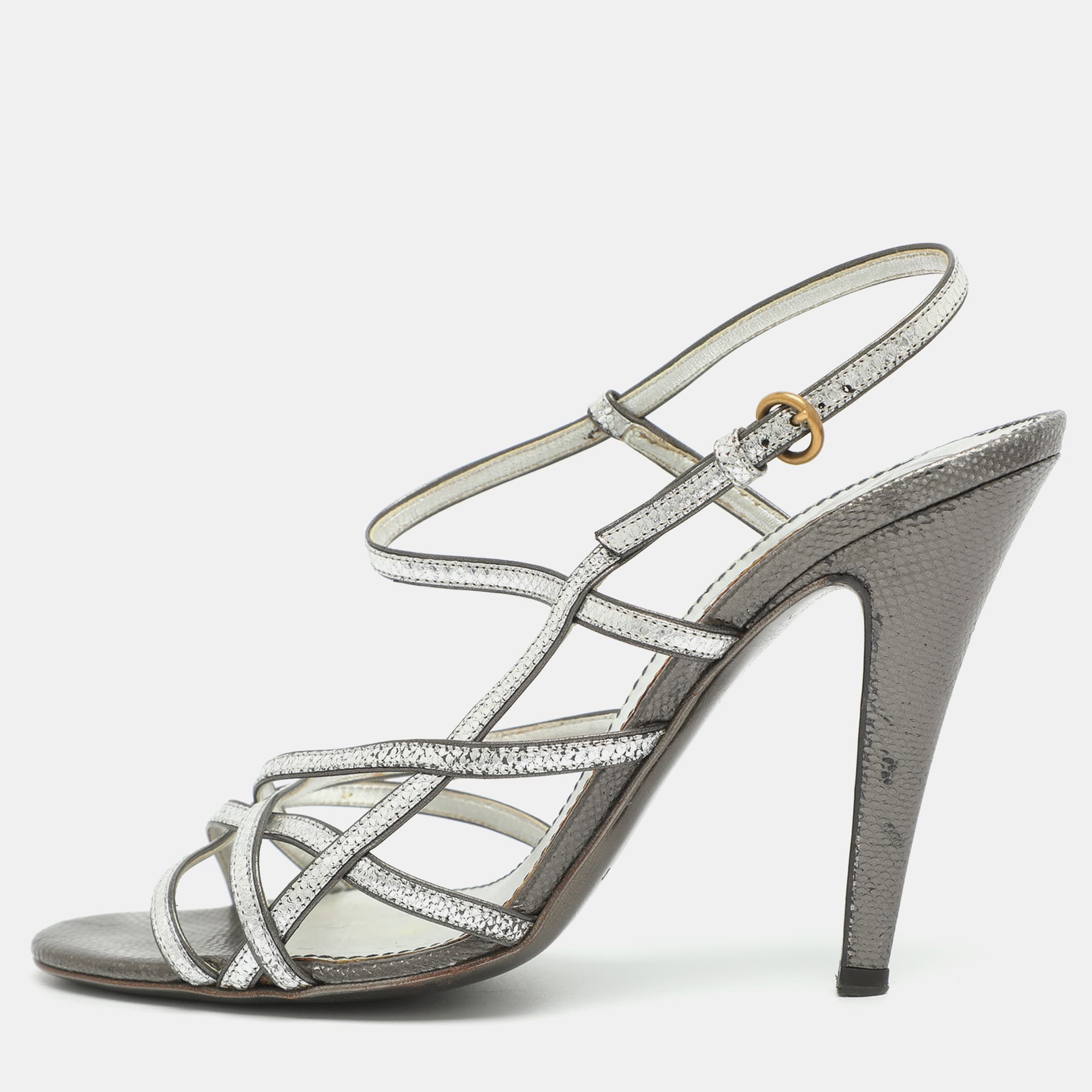 Yves Saint Laurent Size 36 Silver Karung Leather Strappy Ankle Strap Sandals