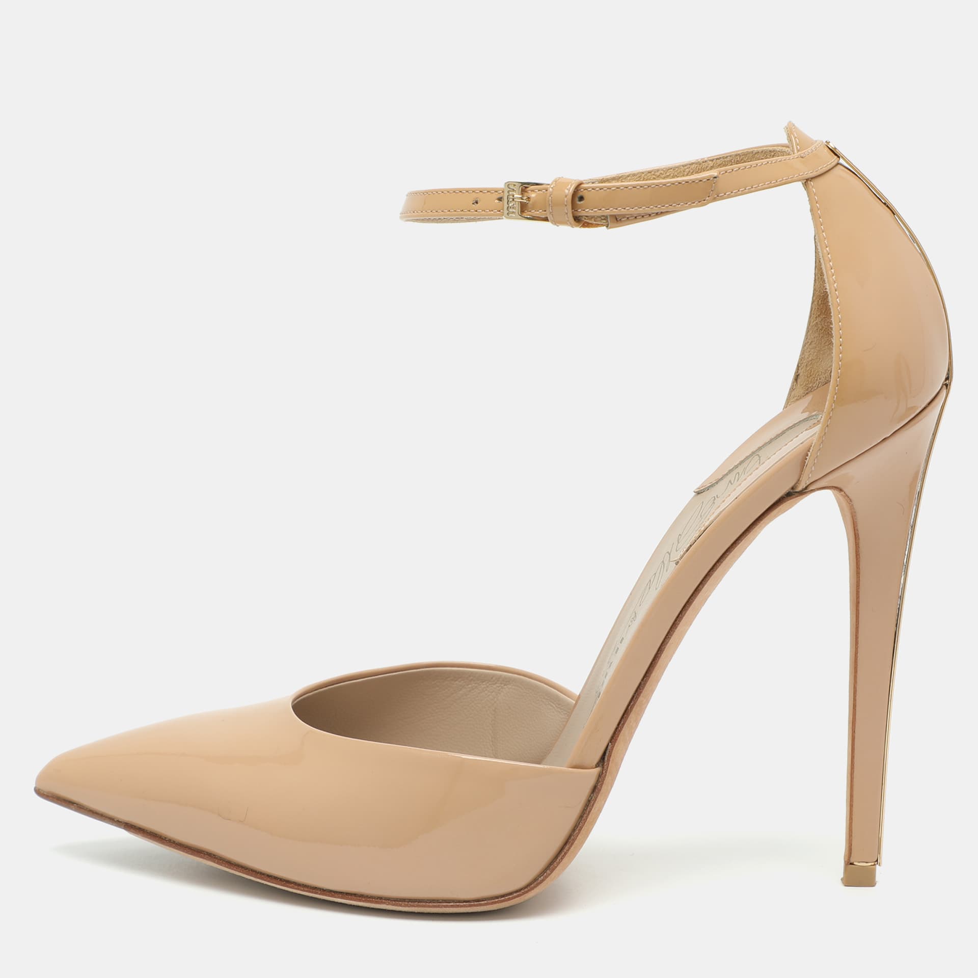 Le Silla Size 39 Beige Patent Leather D'orsay Ankle Strap Pumps