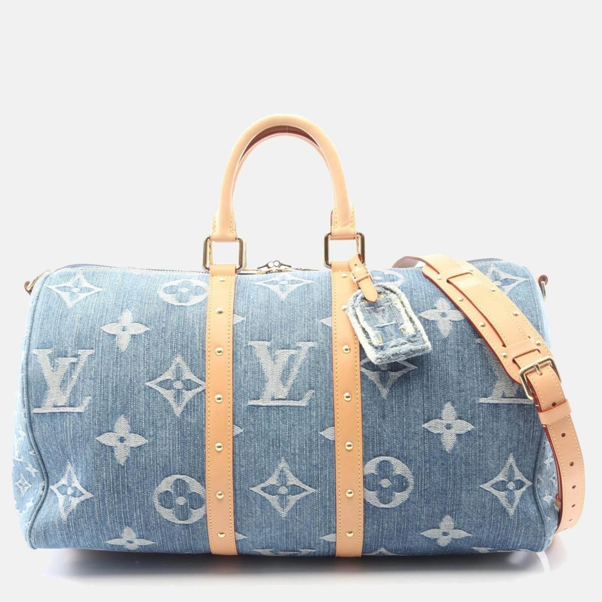 Louis Vuitton LV Remix Keepall Bandouliere 45 Blue Monogram Denim Natural Cowhide Leather Boston Bag