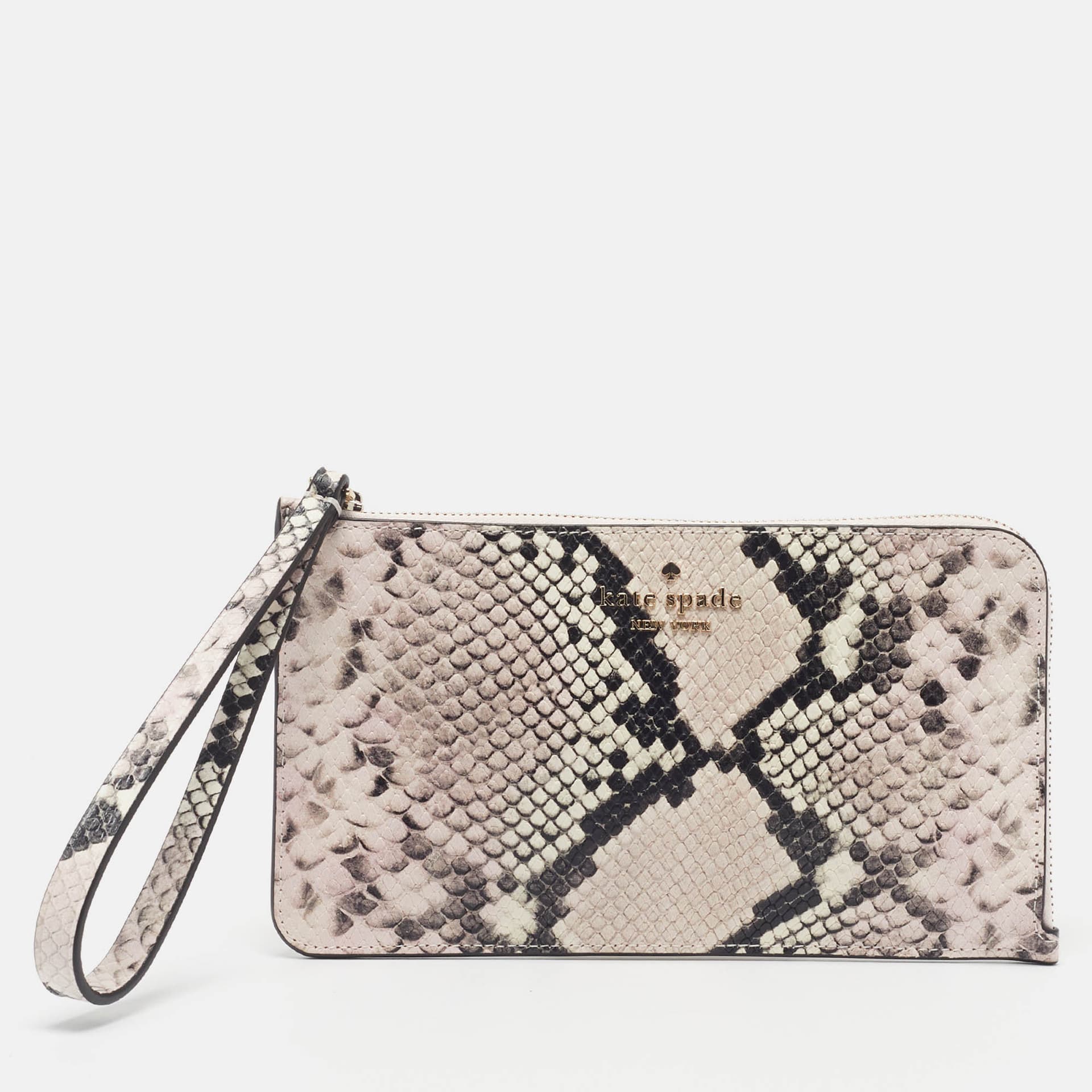 Kate Spade L-Zip Light Pink/Black Snakeskin Embossed Leather Wristlet