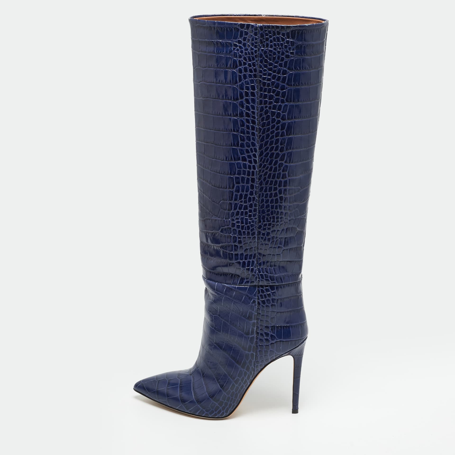 Paris Texas Indaco Size 38.5 Navy Blue Croc Embossed Leather Knee Length Boots