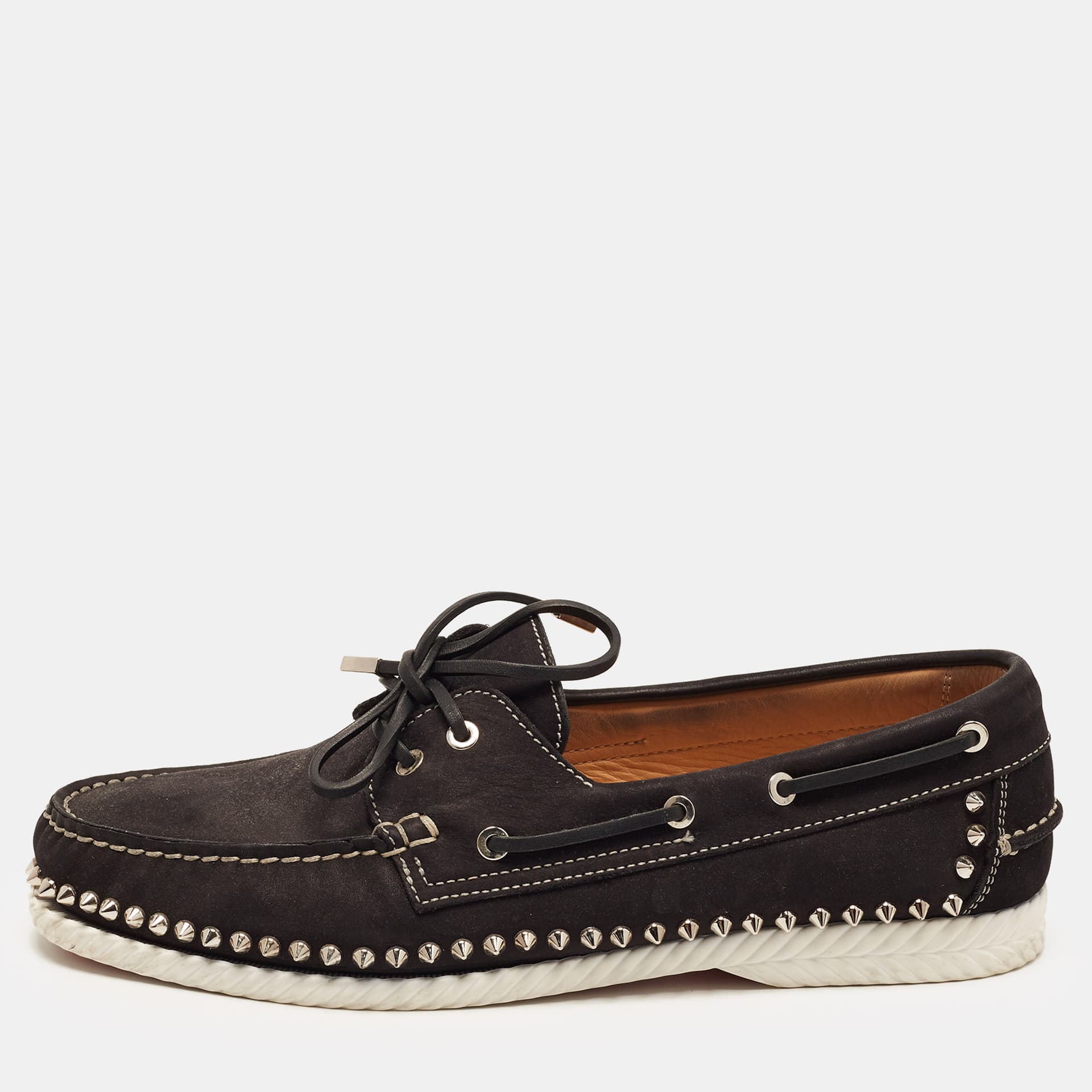 Christian Louboutin Steckel Size 44.5 Black Nubuck Leather Spike Boat Loafers