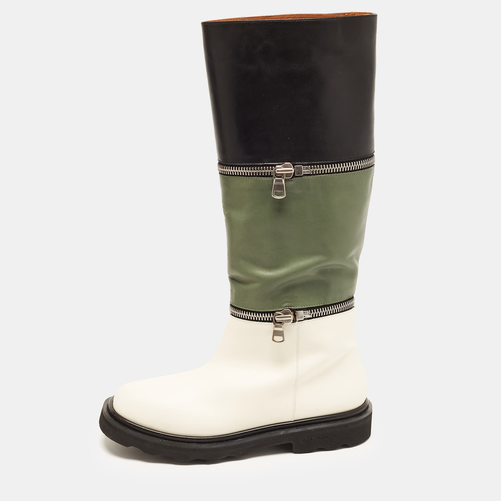 Marni Size 39 Tricolor Leather Zip Embellished Knee Length Boots