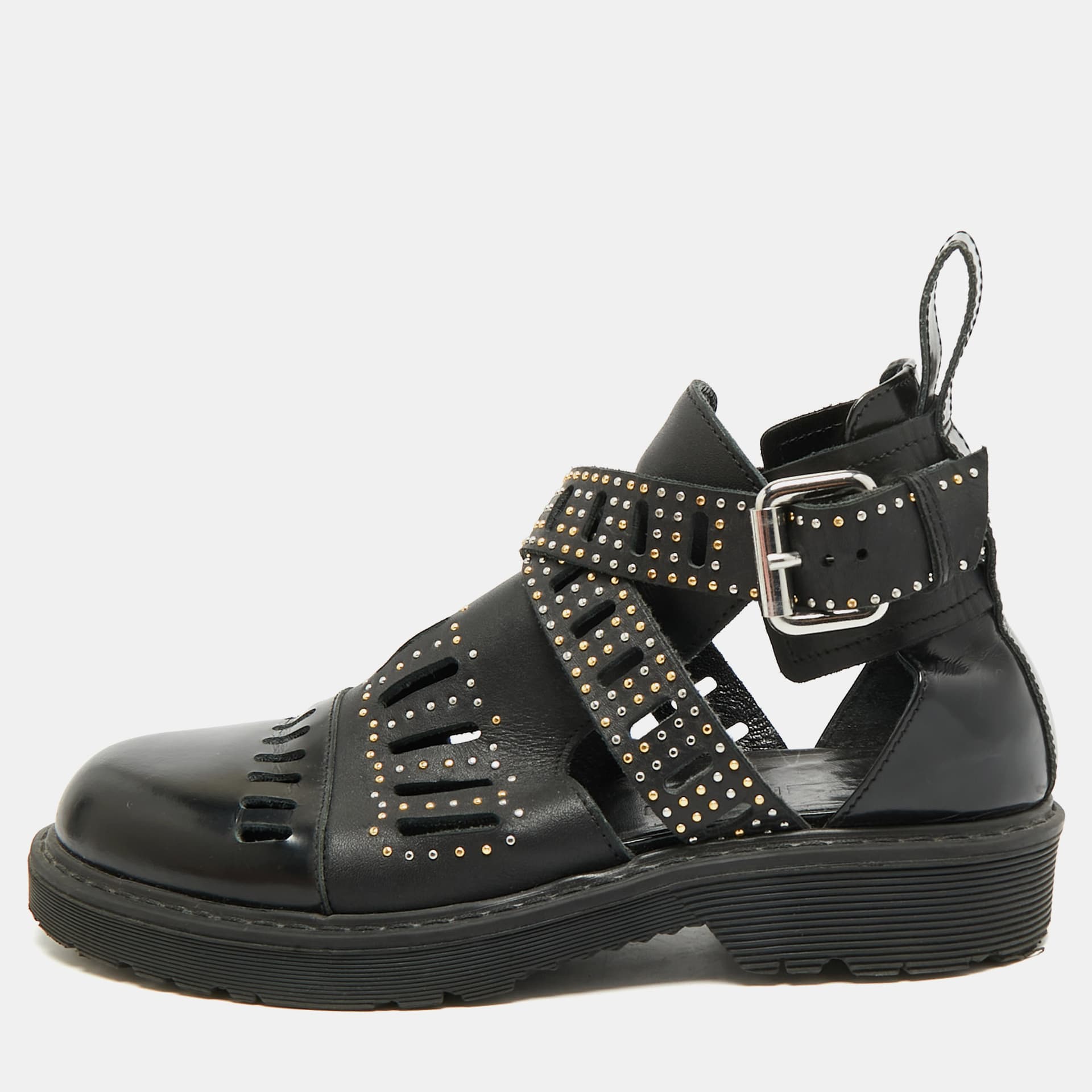 McQ Alexander McQueen Size 38 Black Leather Dalston Cut Out Studded Ankle Boots