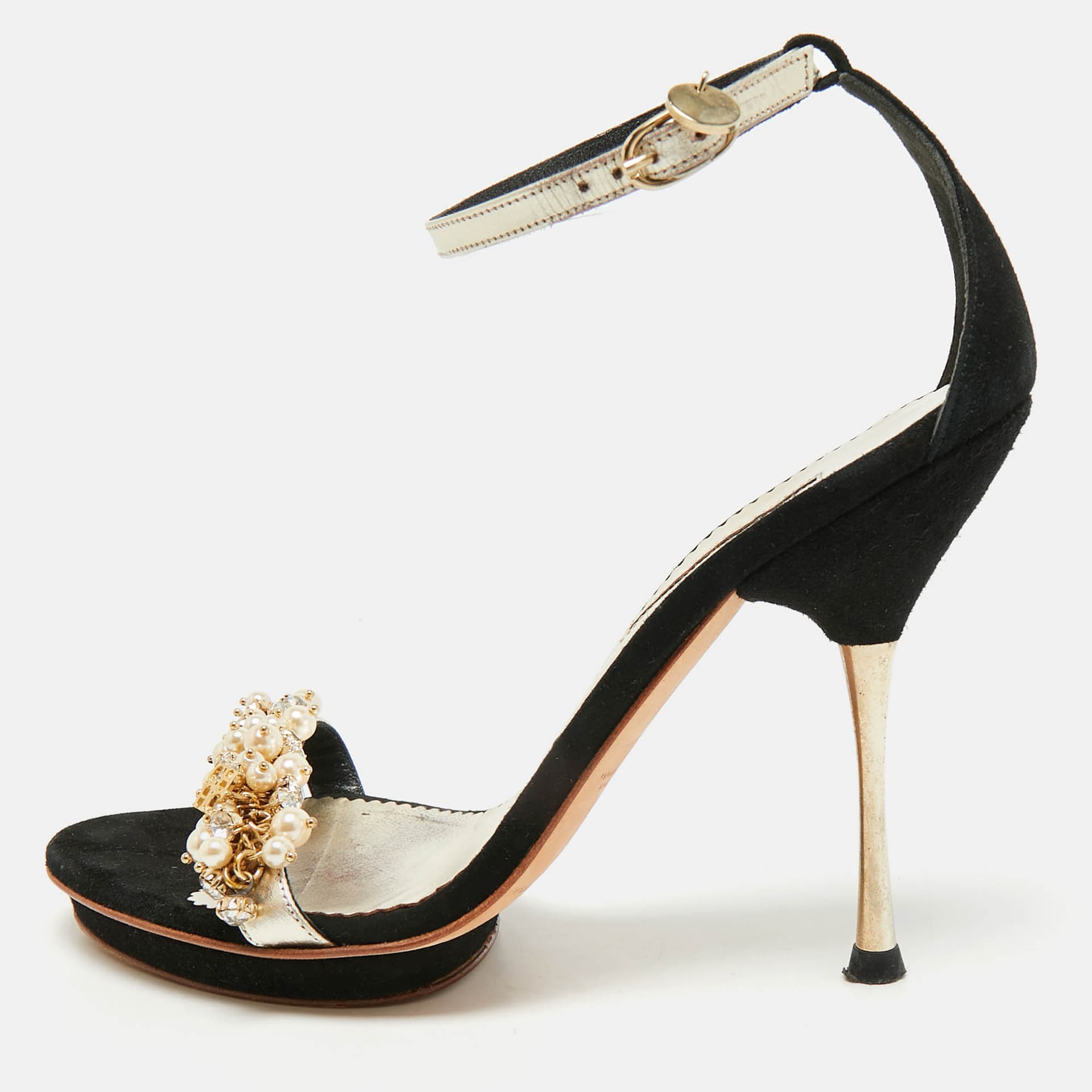 CH Carolina Herrera Size 38 Black/Gold  Leather and Suede Crystals Embellished Ankle Strap Sandals