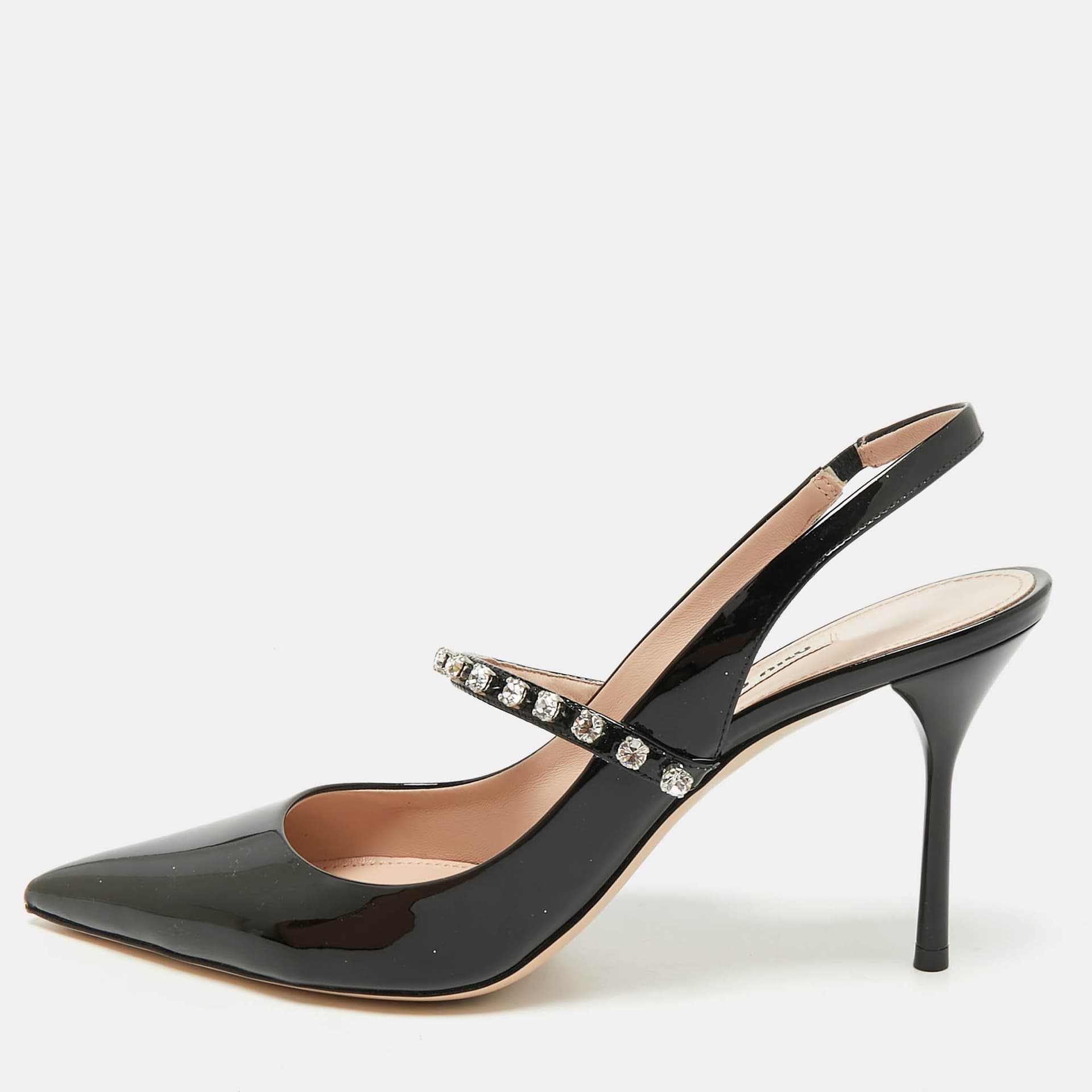 Miu Miu Crystal Embellished Size 39.5 Black Patent Leather Slingback Pumps