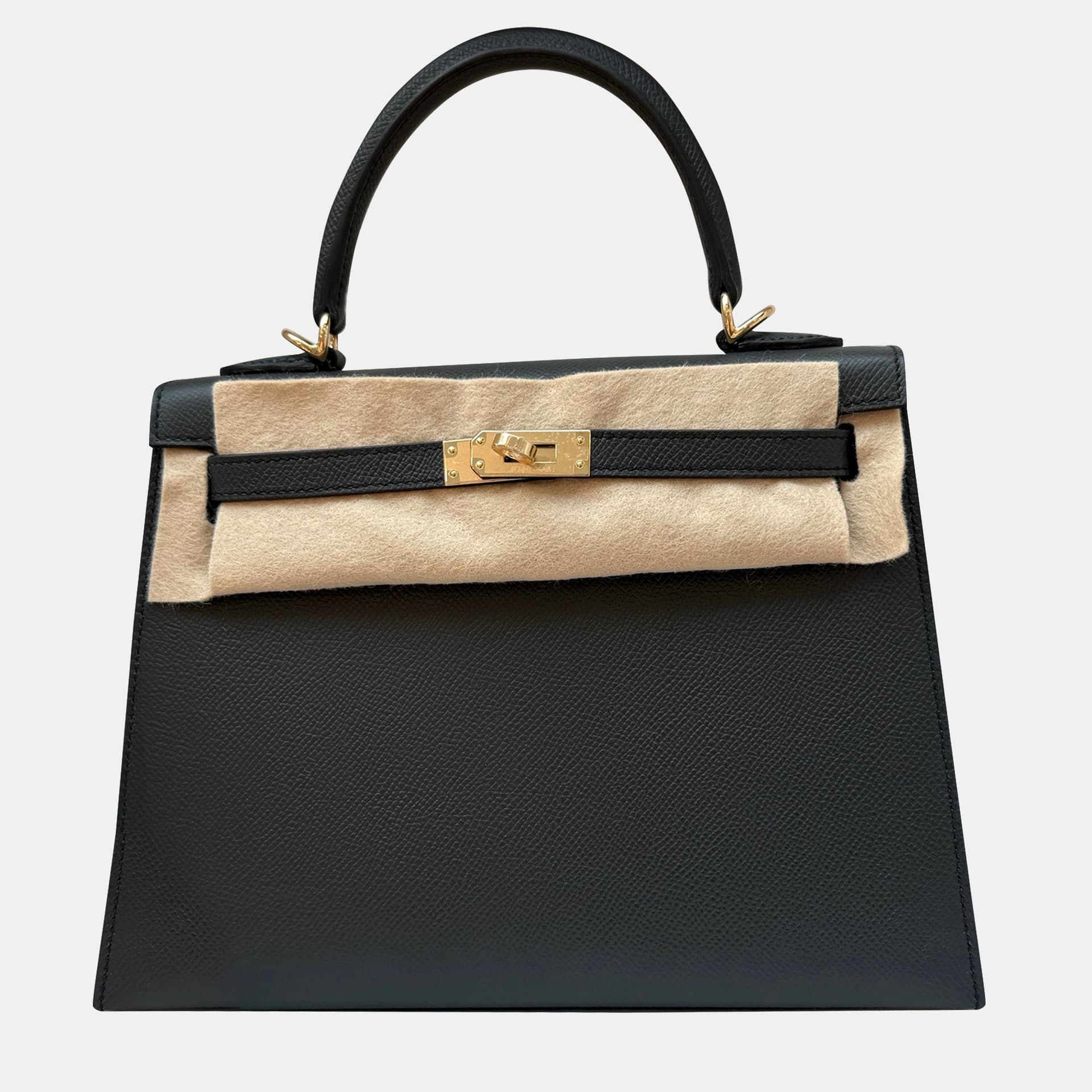 Hermes Kelly 25 Noir Epsom Calfskin Leather Top Handle Bag