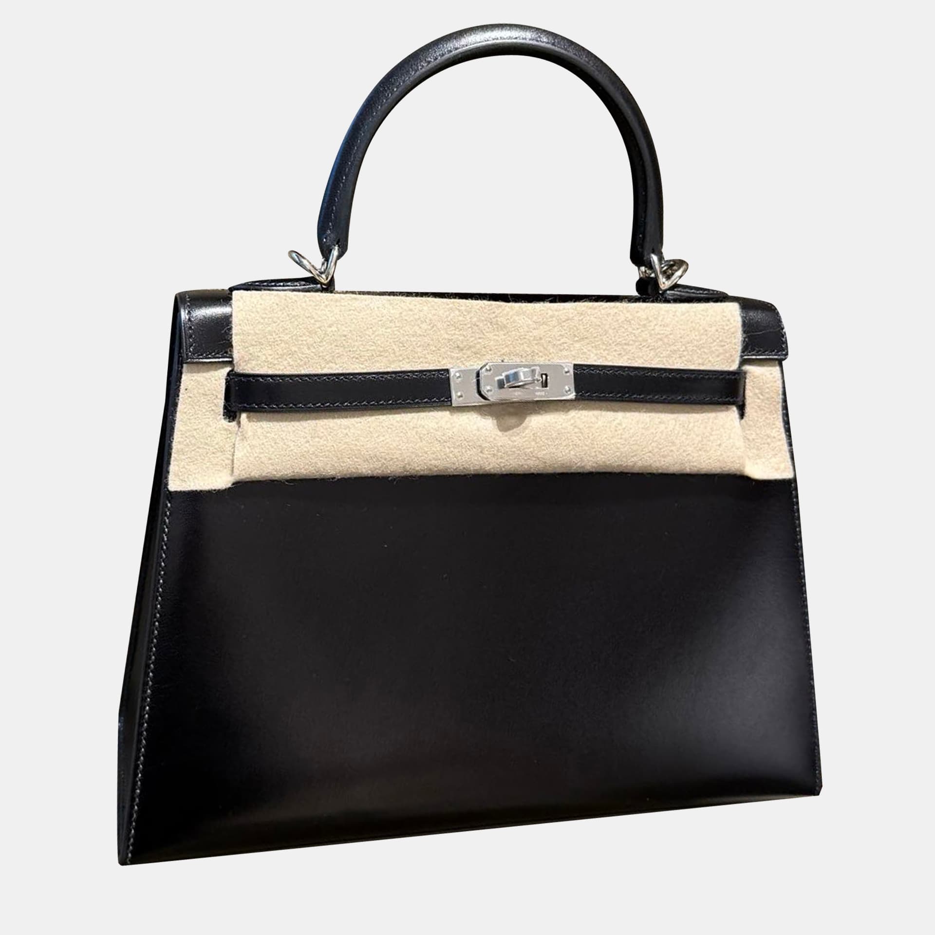 Hermes Kelly 25 Black Box Calfskin Leather Top Handle Bag