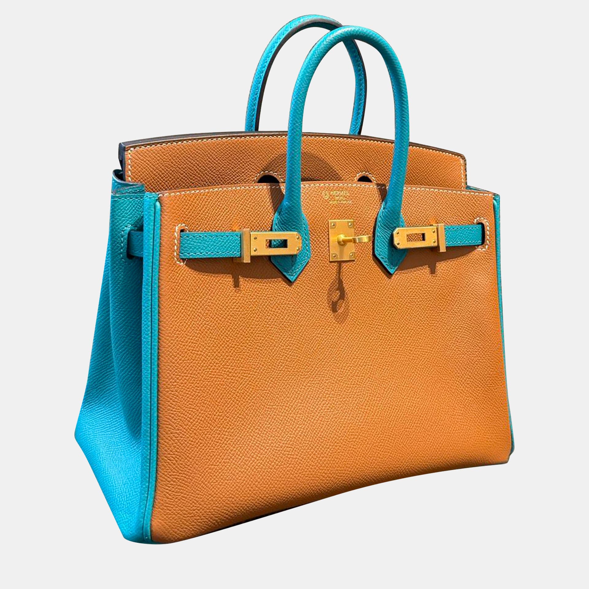 Hermes Birkin 25 Gold Bleu Paon Epsom Leather Top Handle Bag