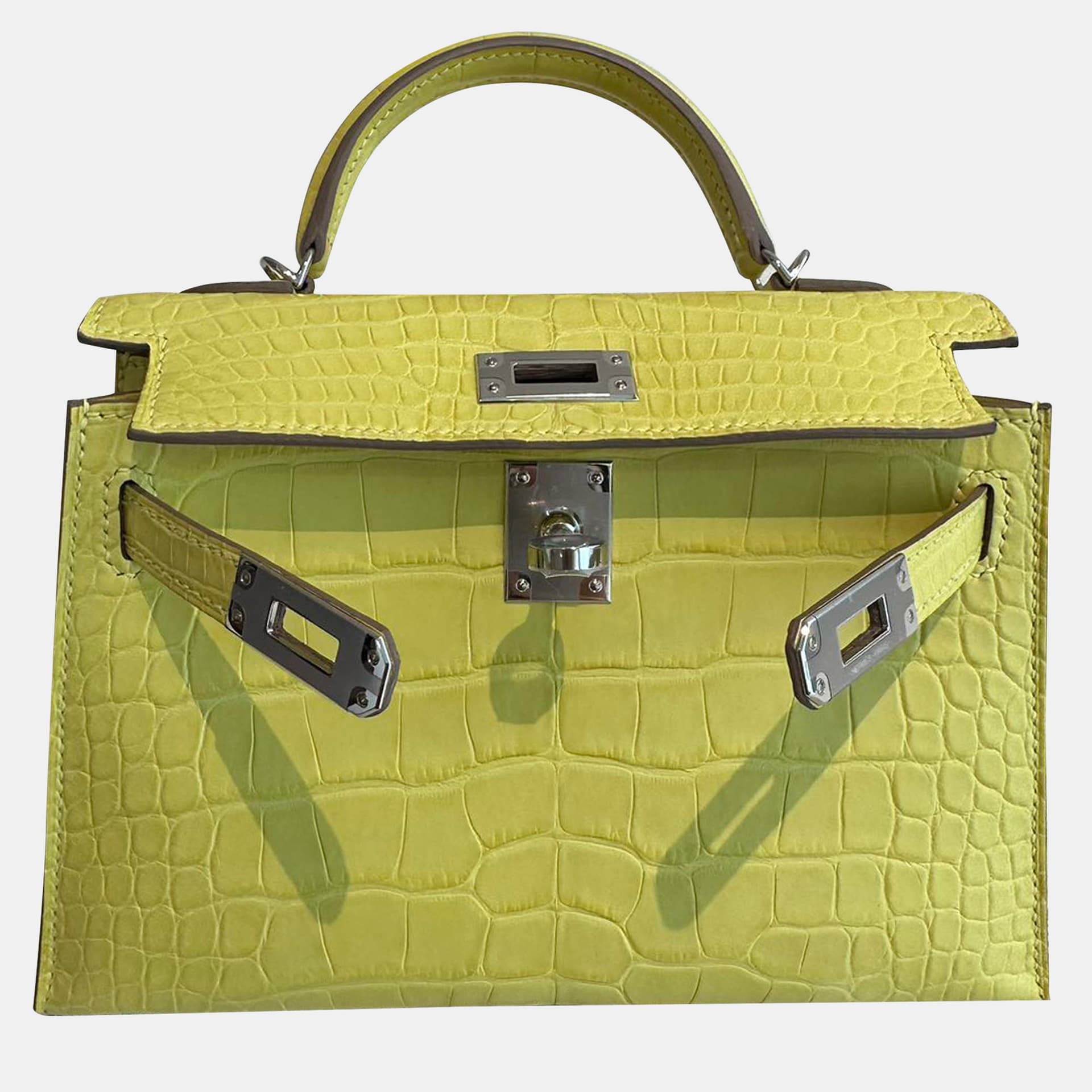 Hermes Kelly 20 Lime Matte Crocodile Leather Top Handle Bag