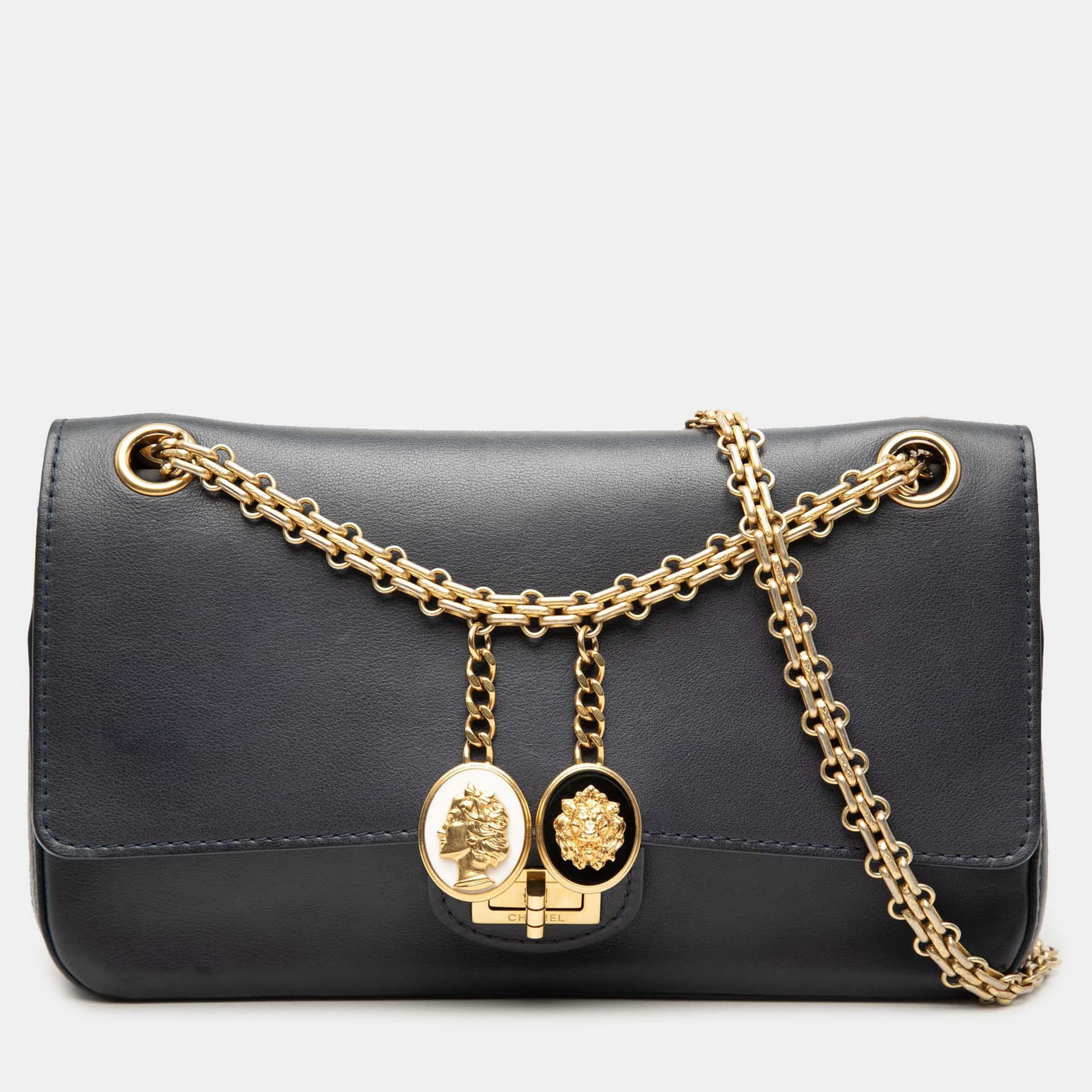 Chanel Reissue 2.55 Medallion Nude Double Flap 225 Black Smooth Calfskin Leather Shoulder Bag
