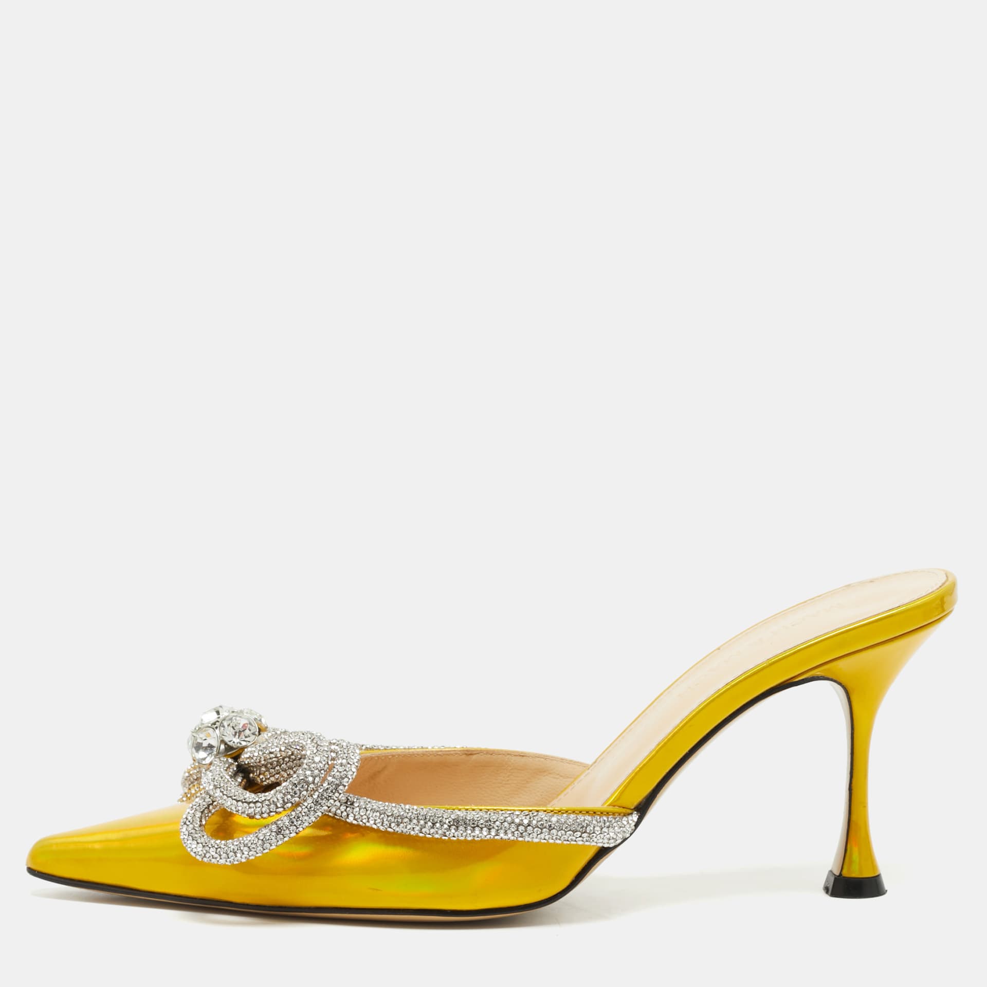 Mach & Mach Double Bow Size 38 Yellow Patent Leather Mules