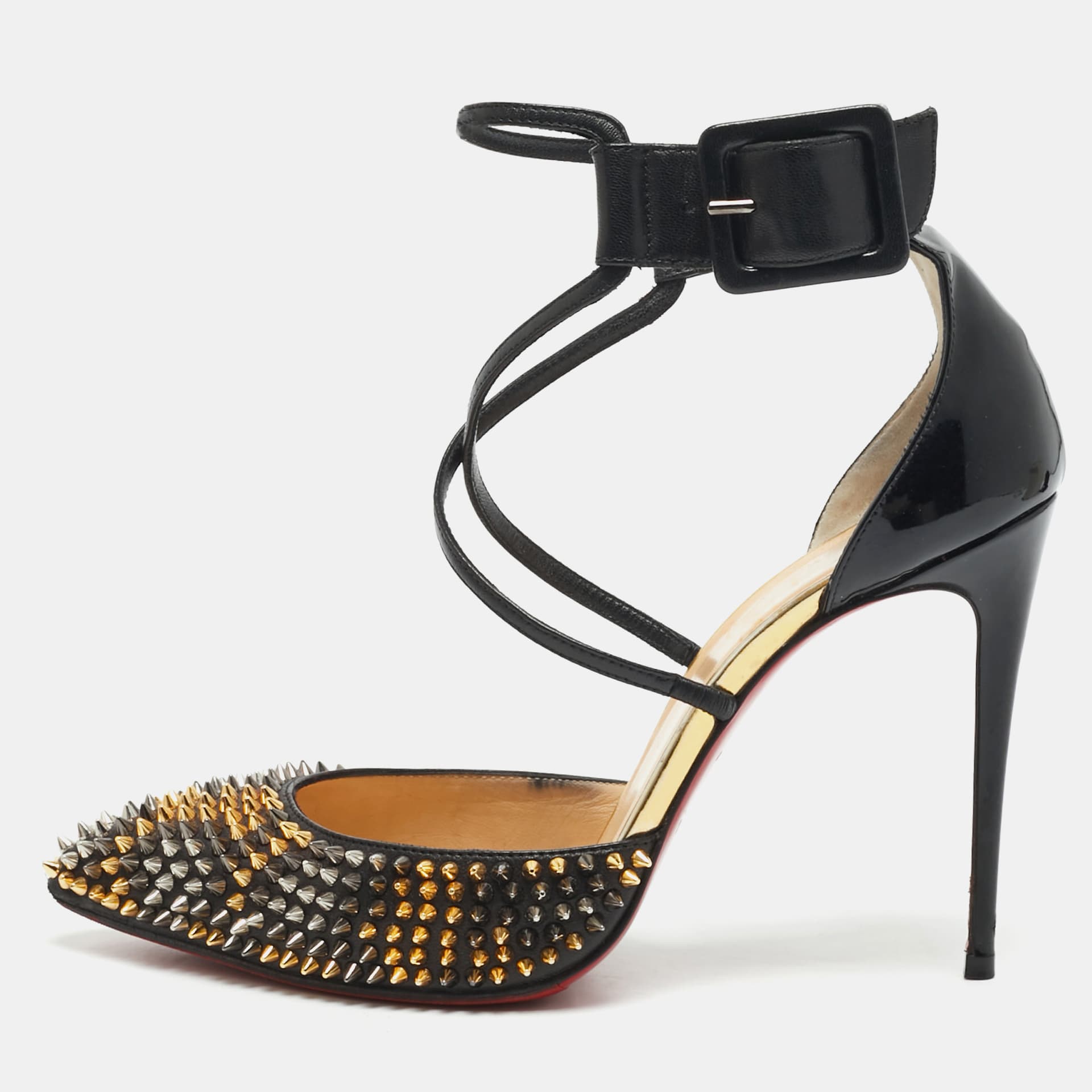 Christian Louboutin Suzanna Size 37.5 Black/Gold Leather and Patent Leather Pumps