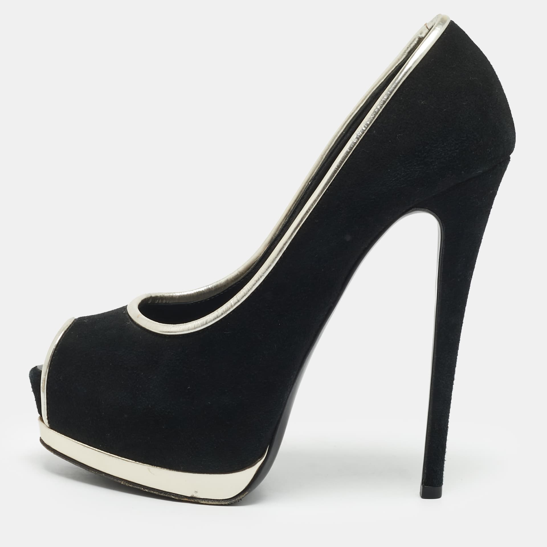 Giuseppe Zanotti Size 37.5 Black/Silver Leather and Suede Platform Pumps
