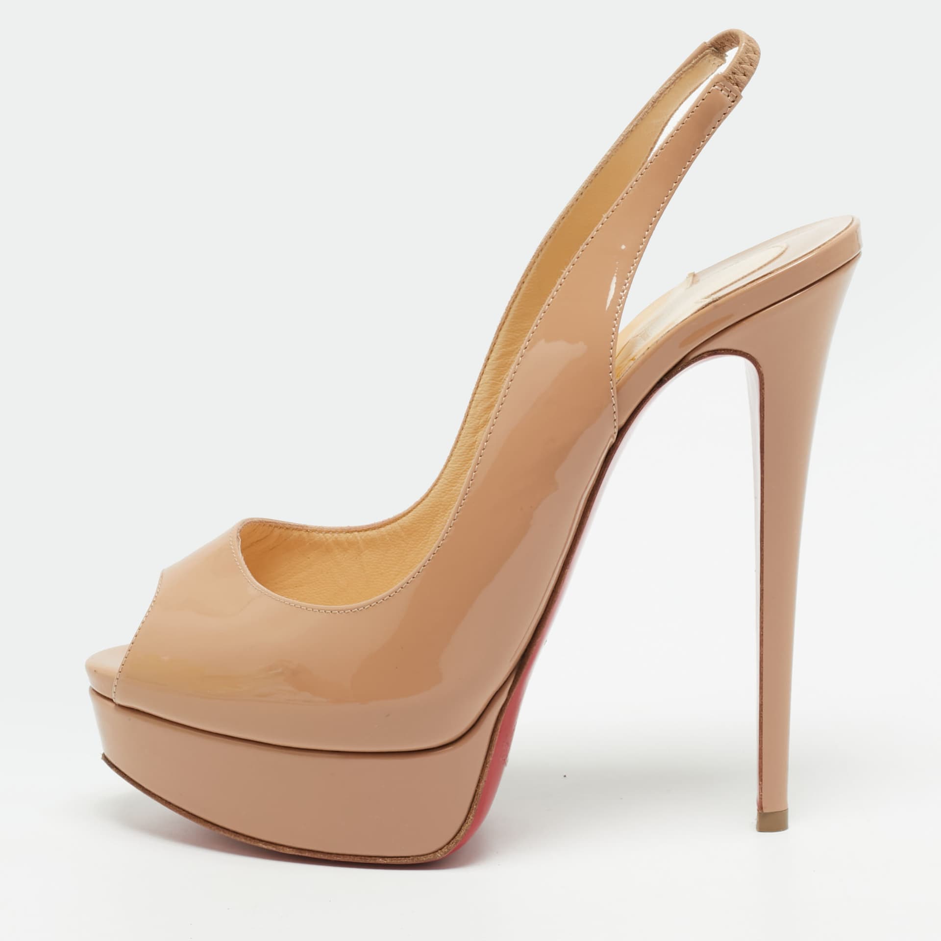 Christian Louboutin Lady Peep Size 39.5 Beige Patent Leather Platform Sandals