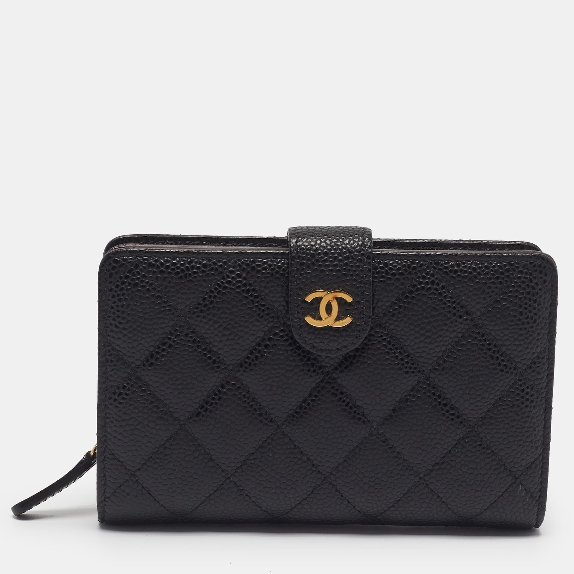 Chanel CC Black Caviar Quilted Leather French Wallet