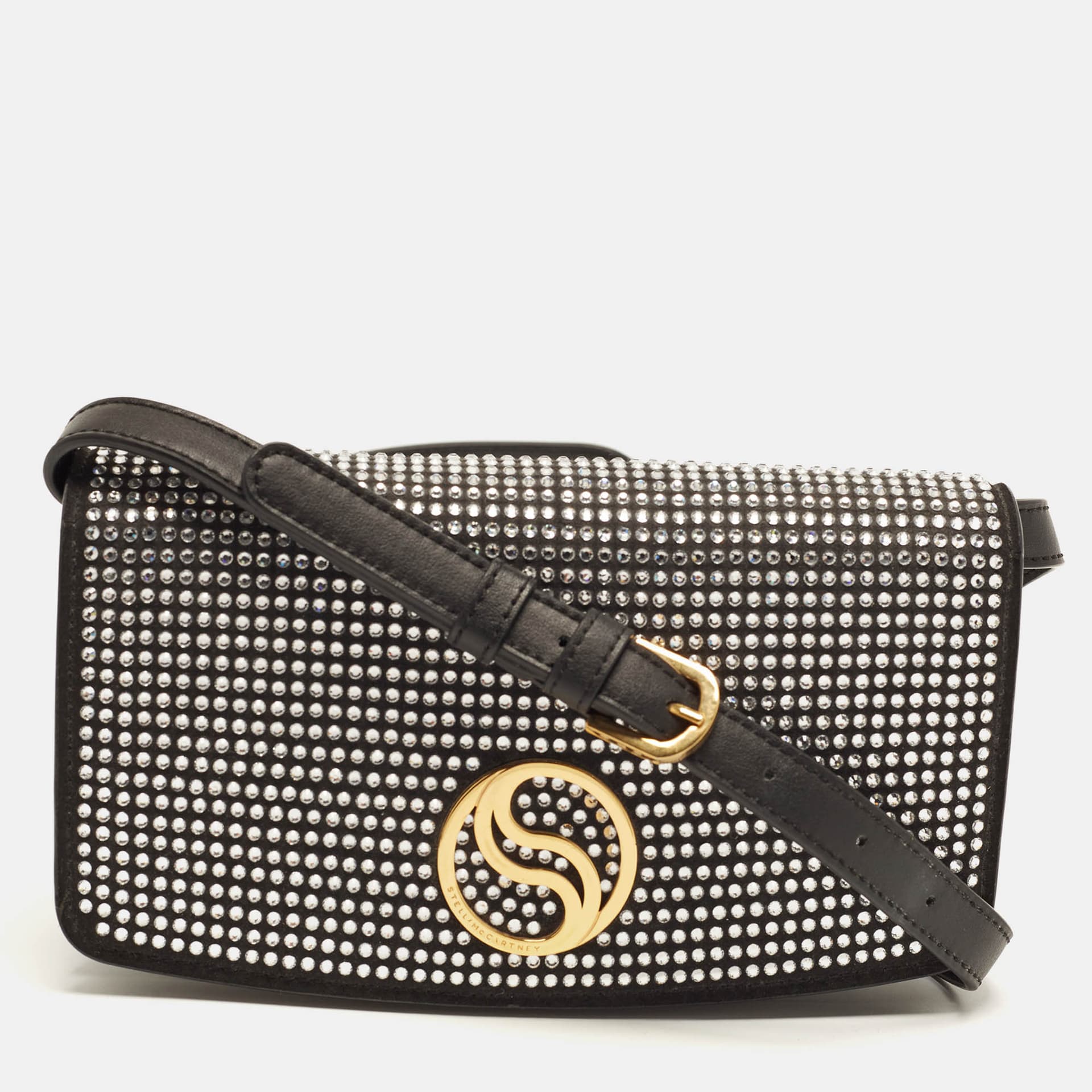Stella McCartney S-Wave Black Faux Suede and Rhinestone Crossbody Bag