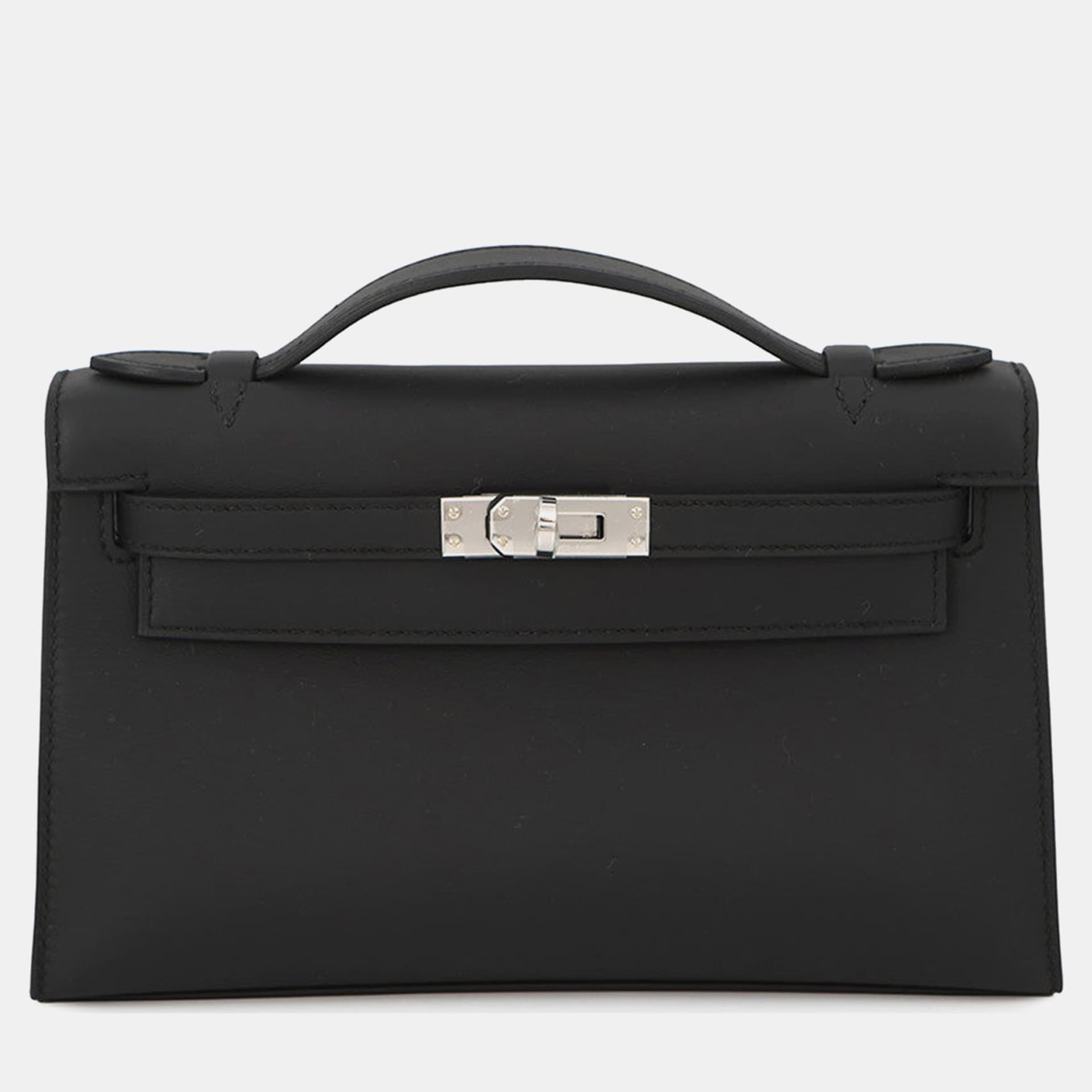 Hermes Kelly Pochette Black Swift Calfskin Leather Clutch Bag
