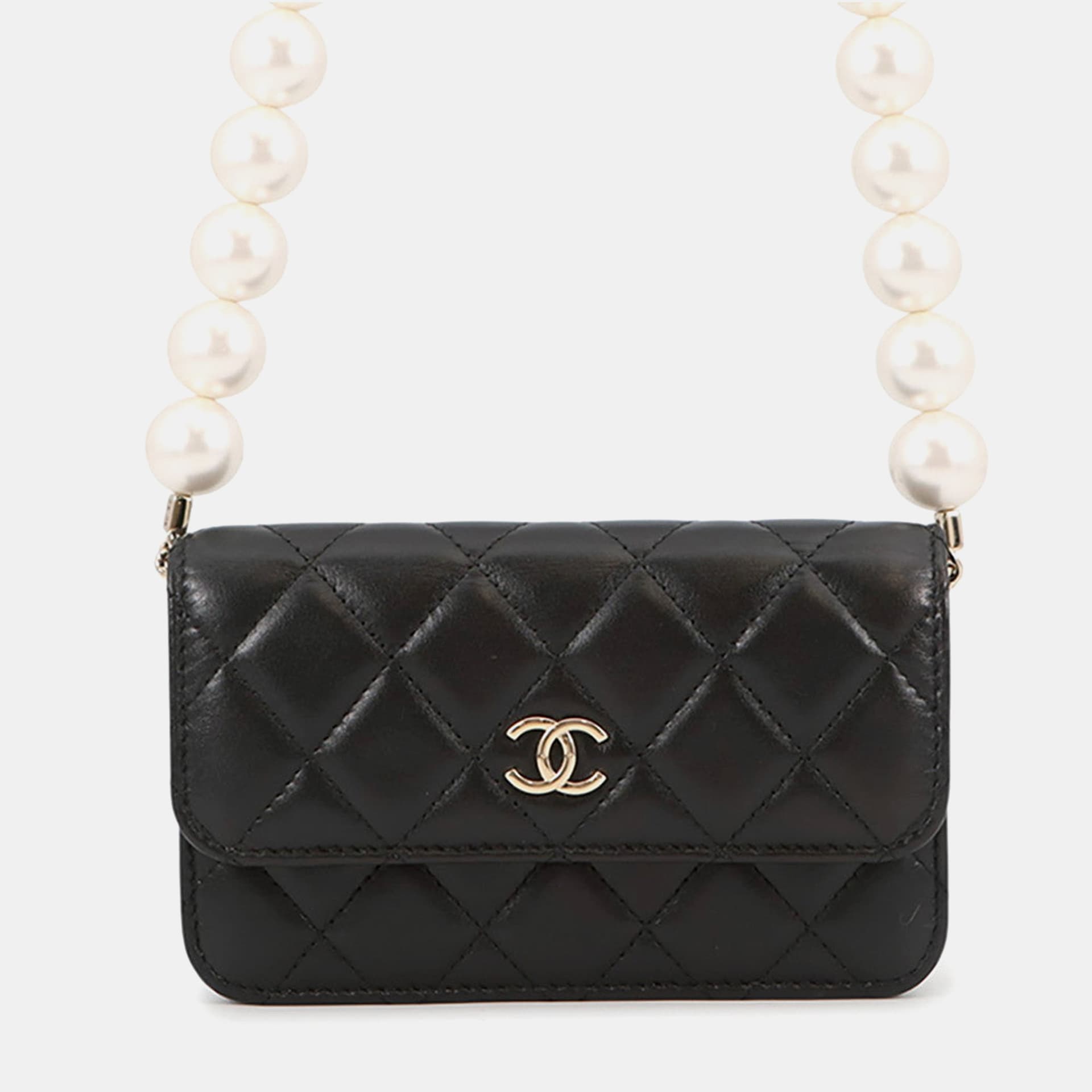 Chanel Matelasse Pearl Chain Mini Black Lambskin Shoulder Bag
