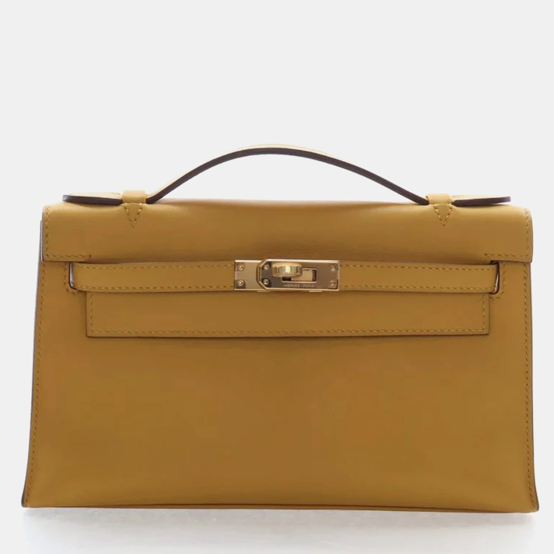 Hermes Jaune Ambre Swift Kelly Pochette Top Handle Bag