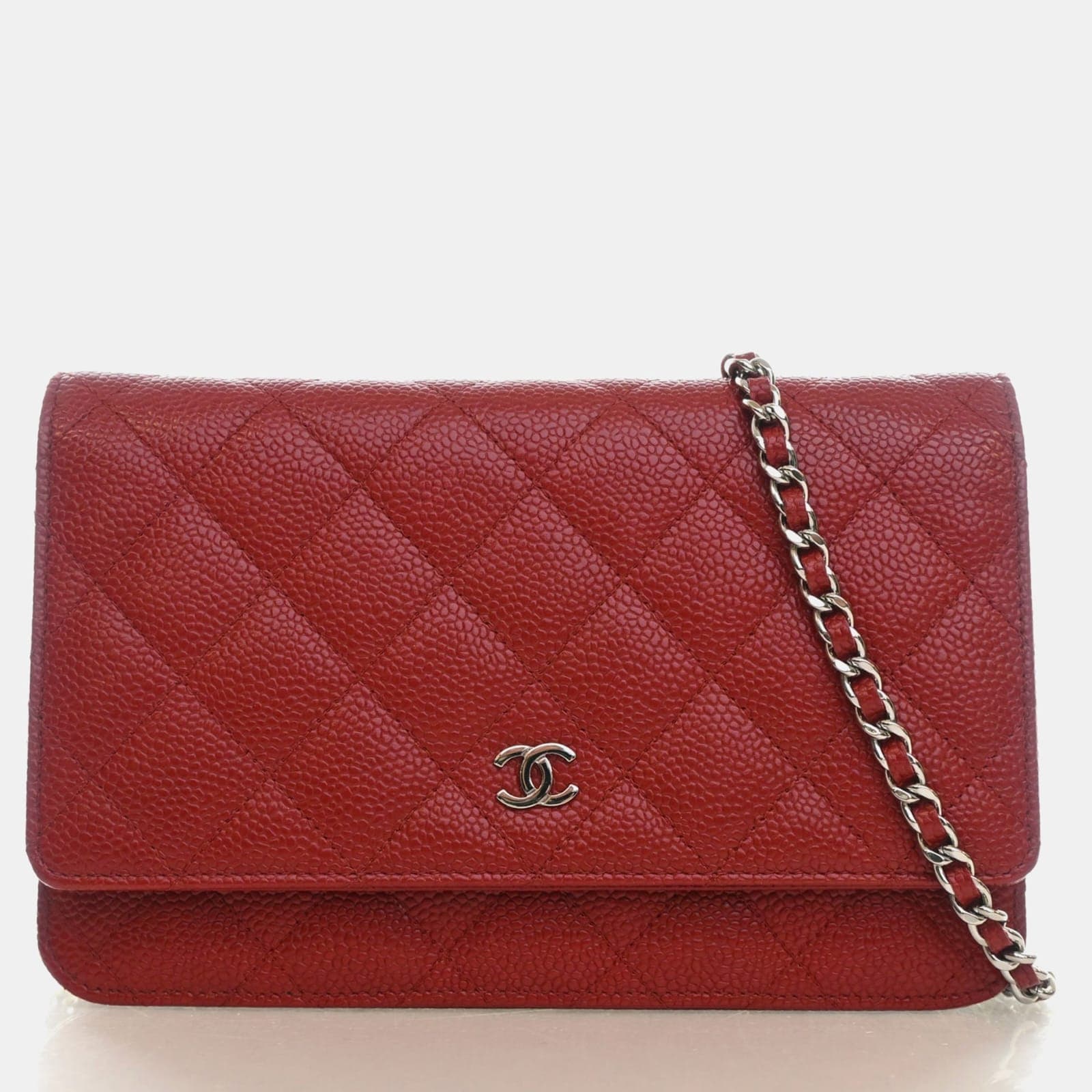Chanel Classic Red Quilted Caviar Leather  Wallet on Chain