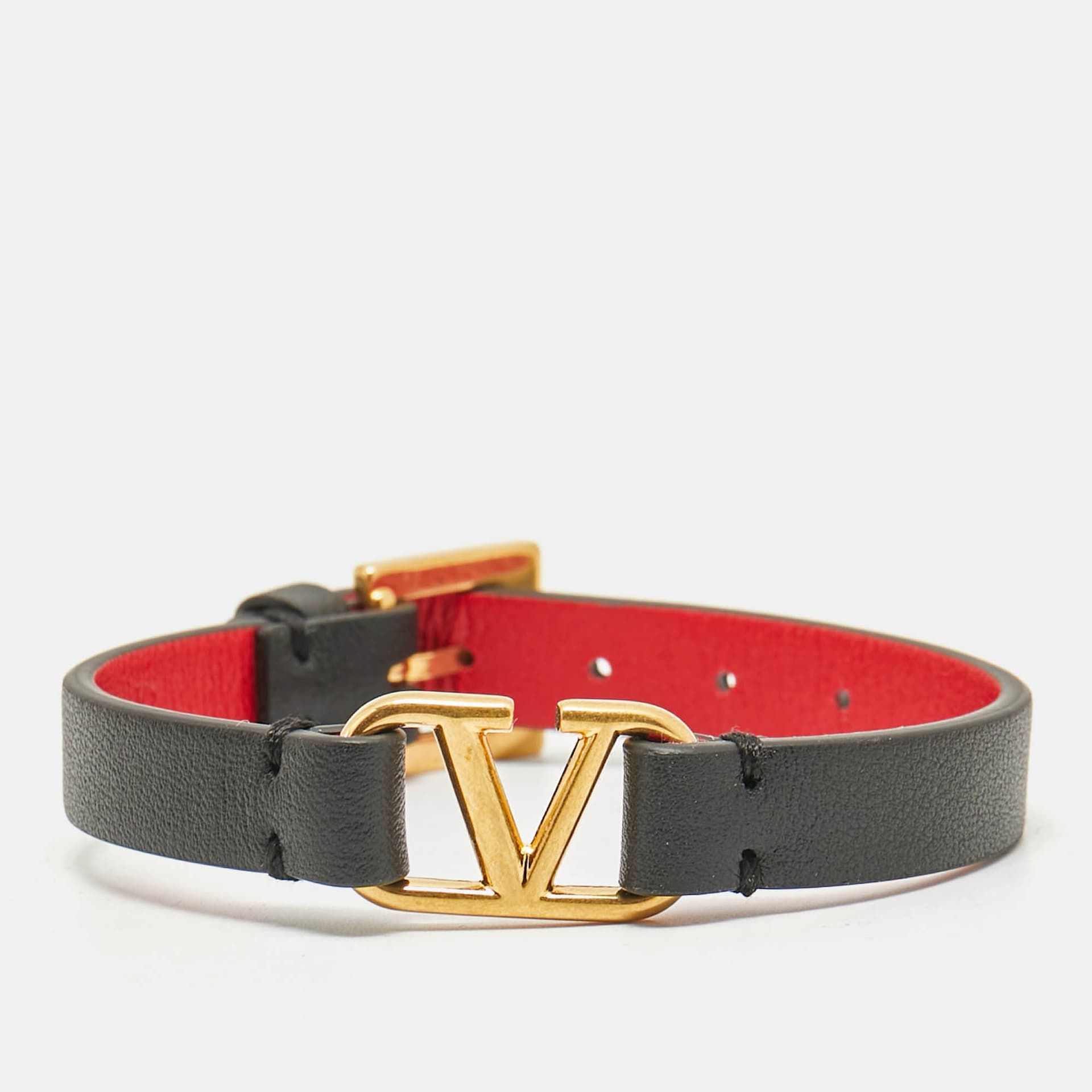 Valentino  VLogo Leather Gold Tone Bracelet