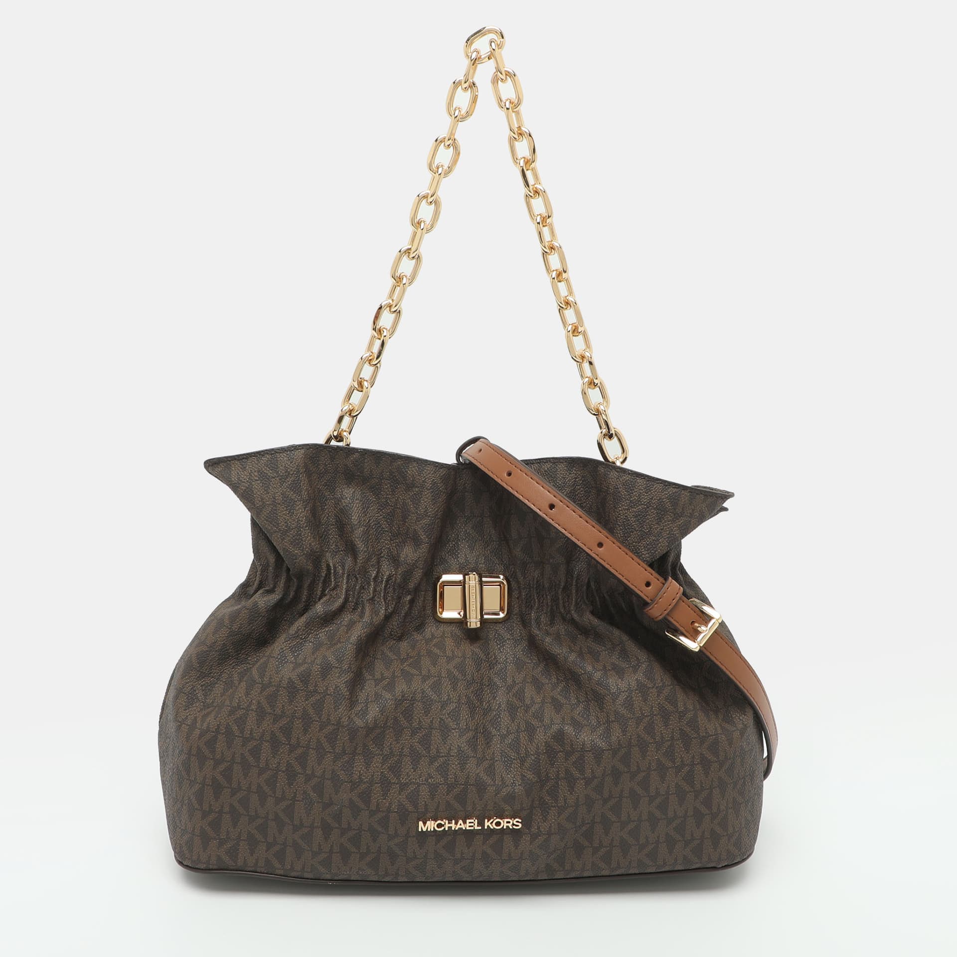 Michael Kors Ruched Large Brown Signature Coated Canvas Pouch Clutch