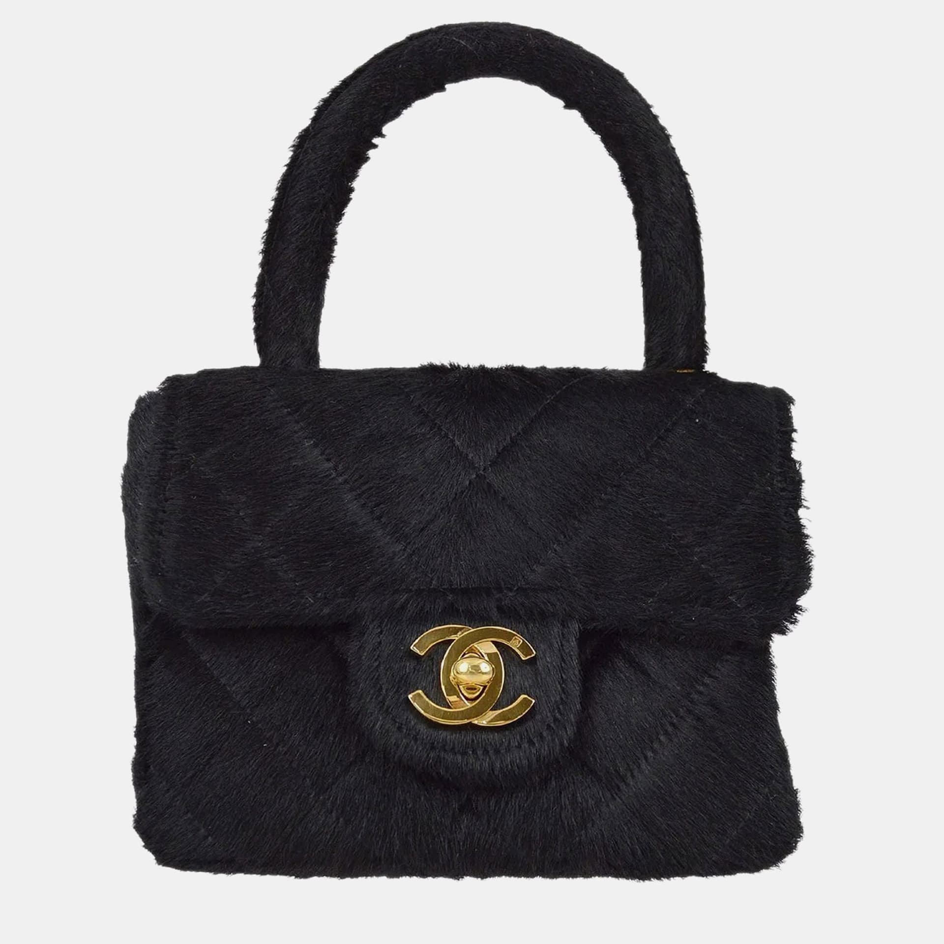 Chanel Classic Flap Micro Black Pony Hair Top Handle Bag