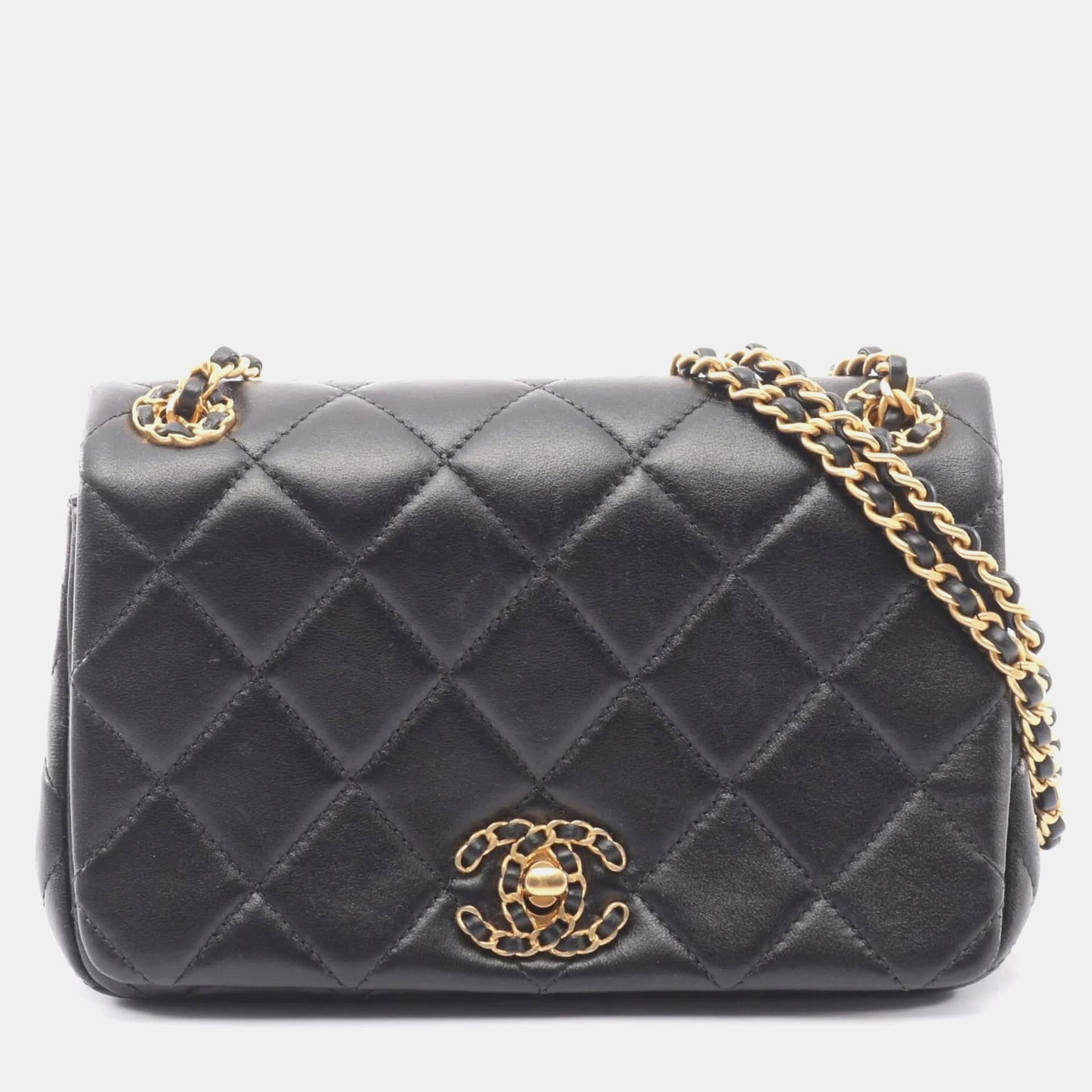 Chanel 19 Dixneuf Matelasse Size 20 Black Lambskin Leather Mini Flap Shoulder Bag
