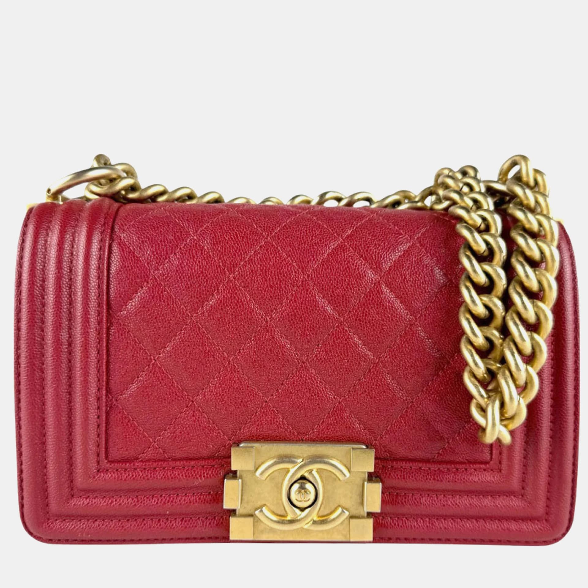 Chanel Boy Small Red Quilted Caviar Leather Shoulder Bag