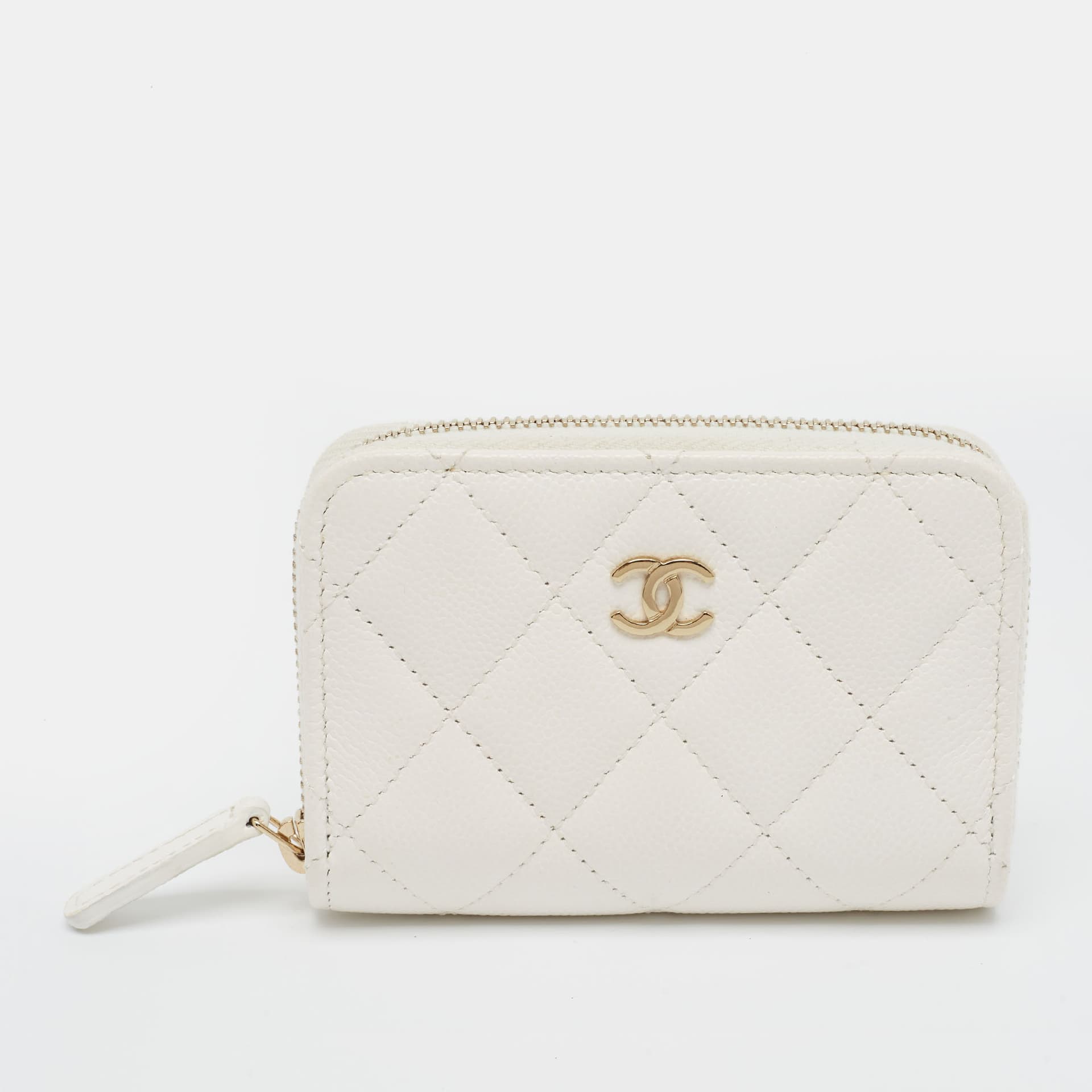 Chanel White Quilted Caviar Leather Zip Coin Purse