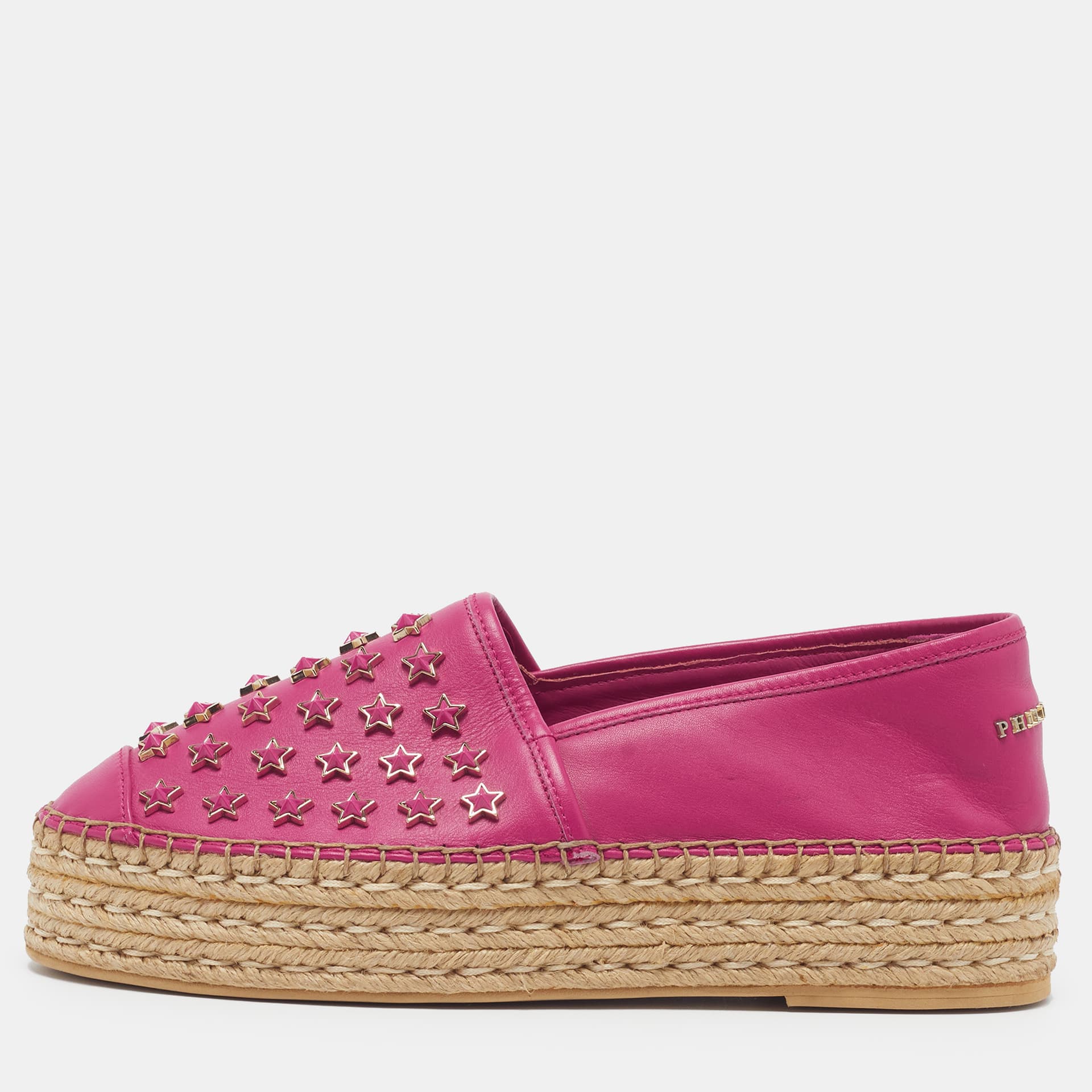 Philipp Plein Size 40 Pink Leather Platform Espadrille Flats