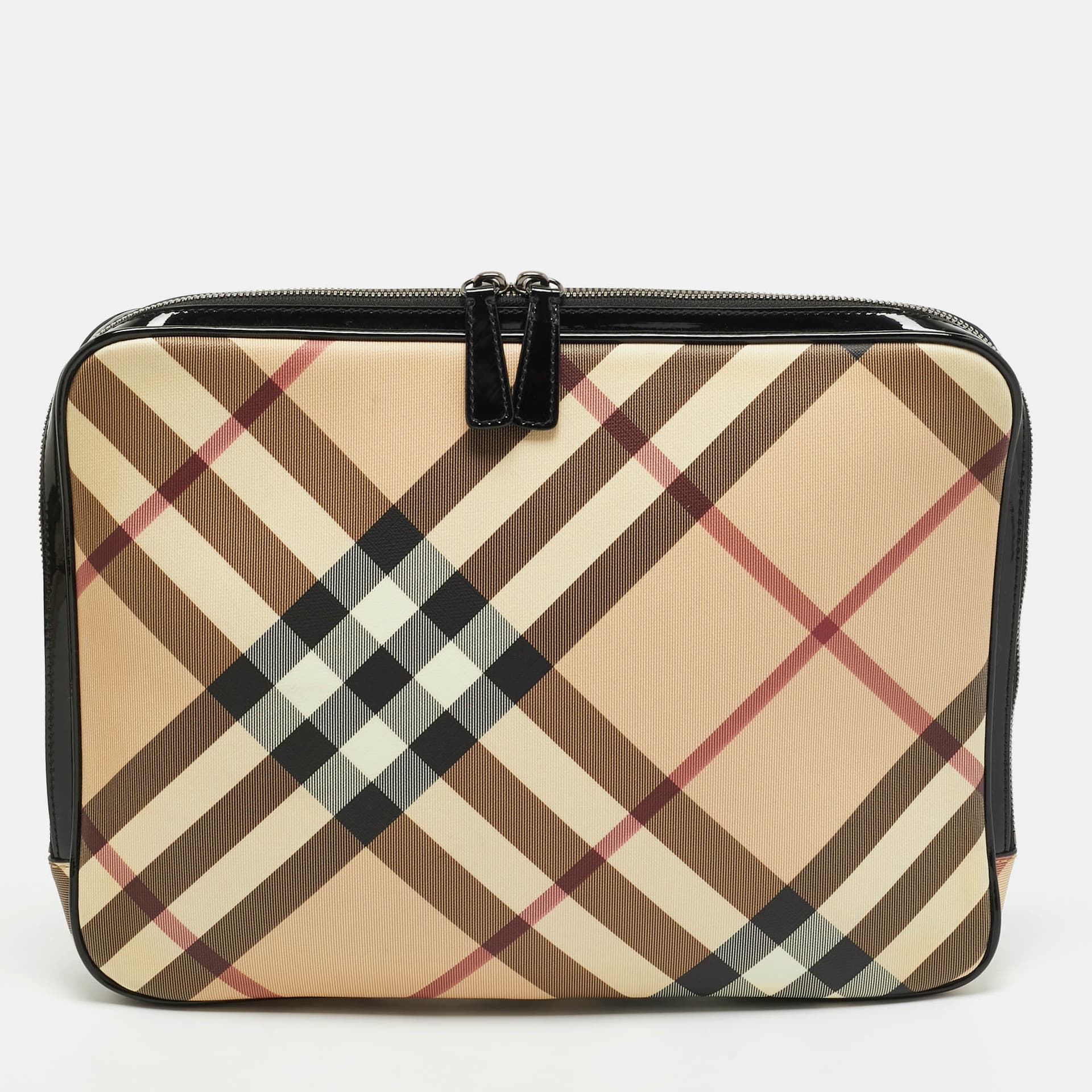 Burberry Black/Beige Nova Check PVC and Patent Leather Laptop Sleeve