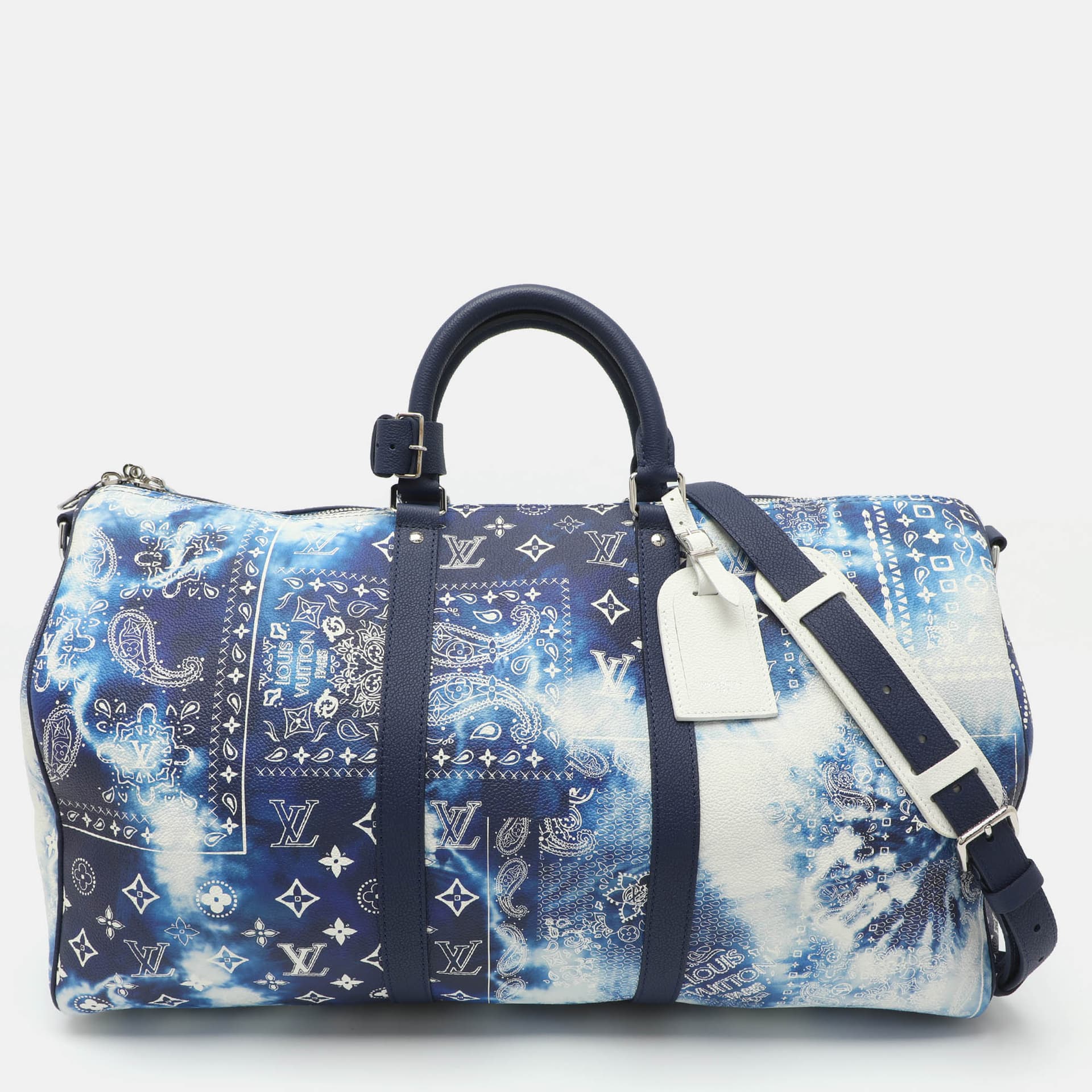 Louis Vuitton Keepall Bandouli&egrave;re 50 Blue Monogram Bandana Leather Bag