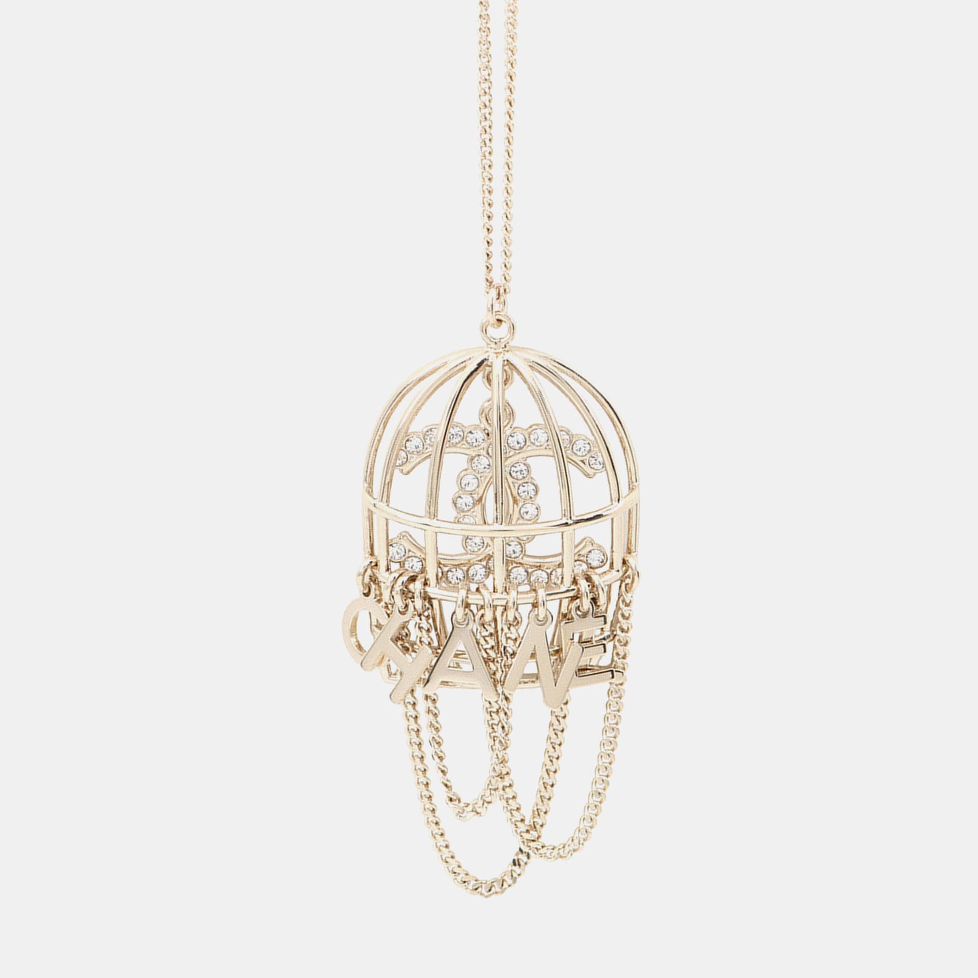 Chanel Birdcage Necklace Cc Logo Gold Metal Rhinestone