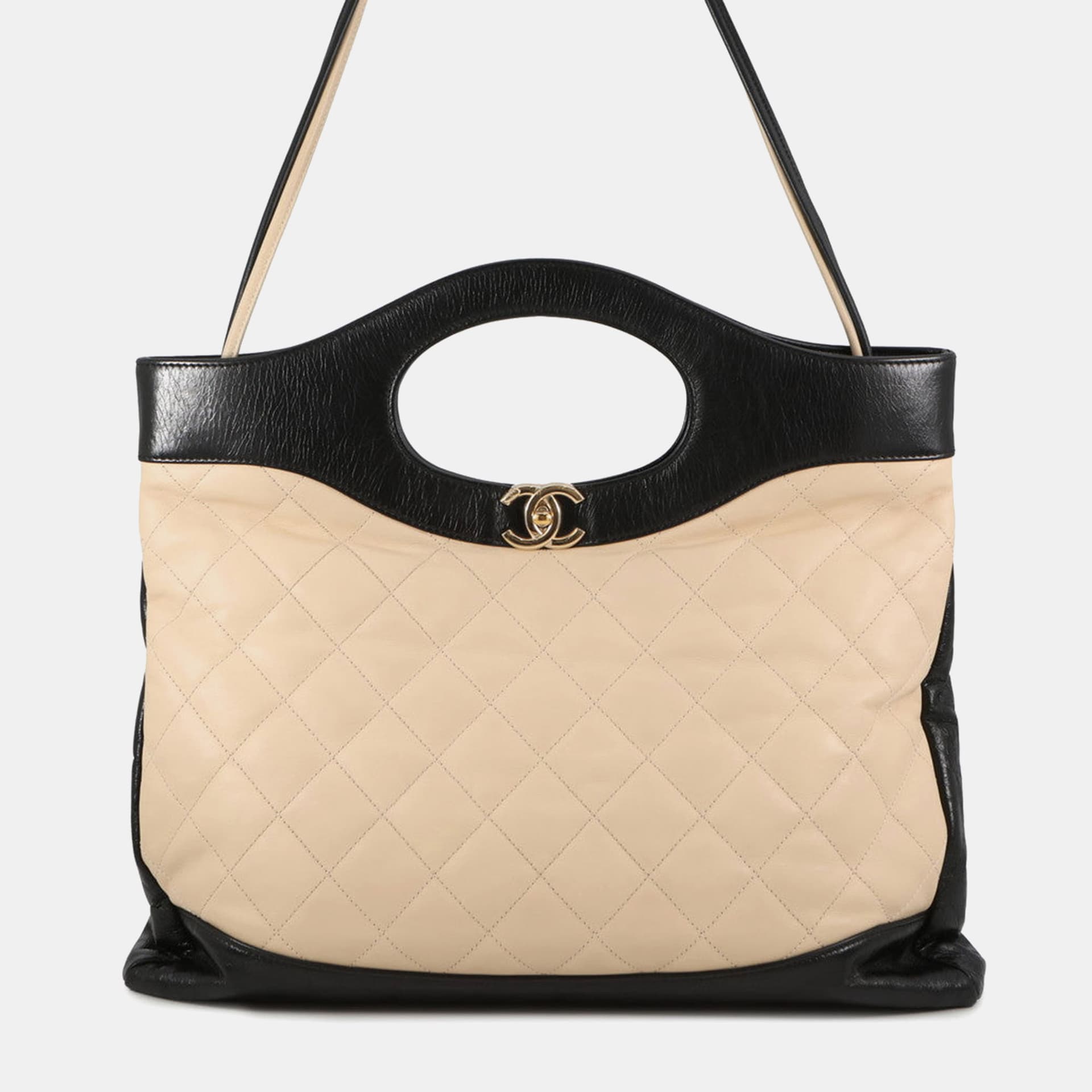 Chanel 31 Shopping Bag Large Beige Black Calfskin Leather Top Handle Bag
