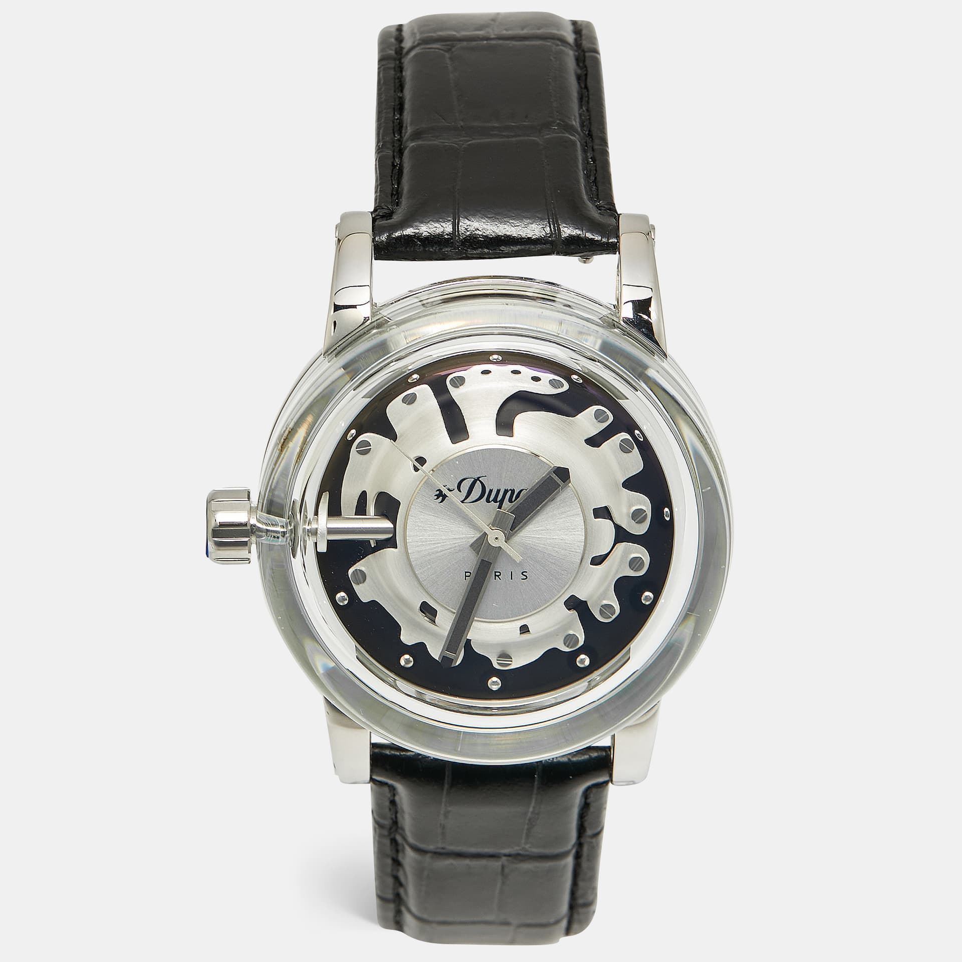 S.T. Dupont Hyperdome Silver Dial Stainless Steel Embossed Leather Men's Wristwatch 43 mm