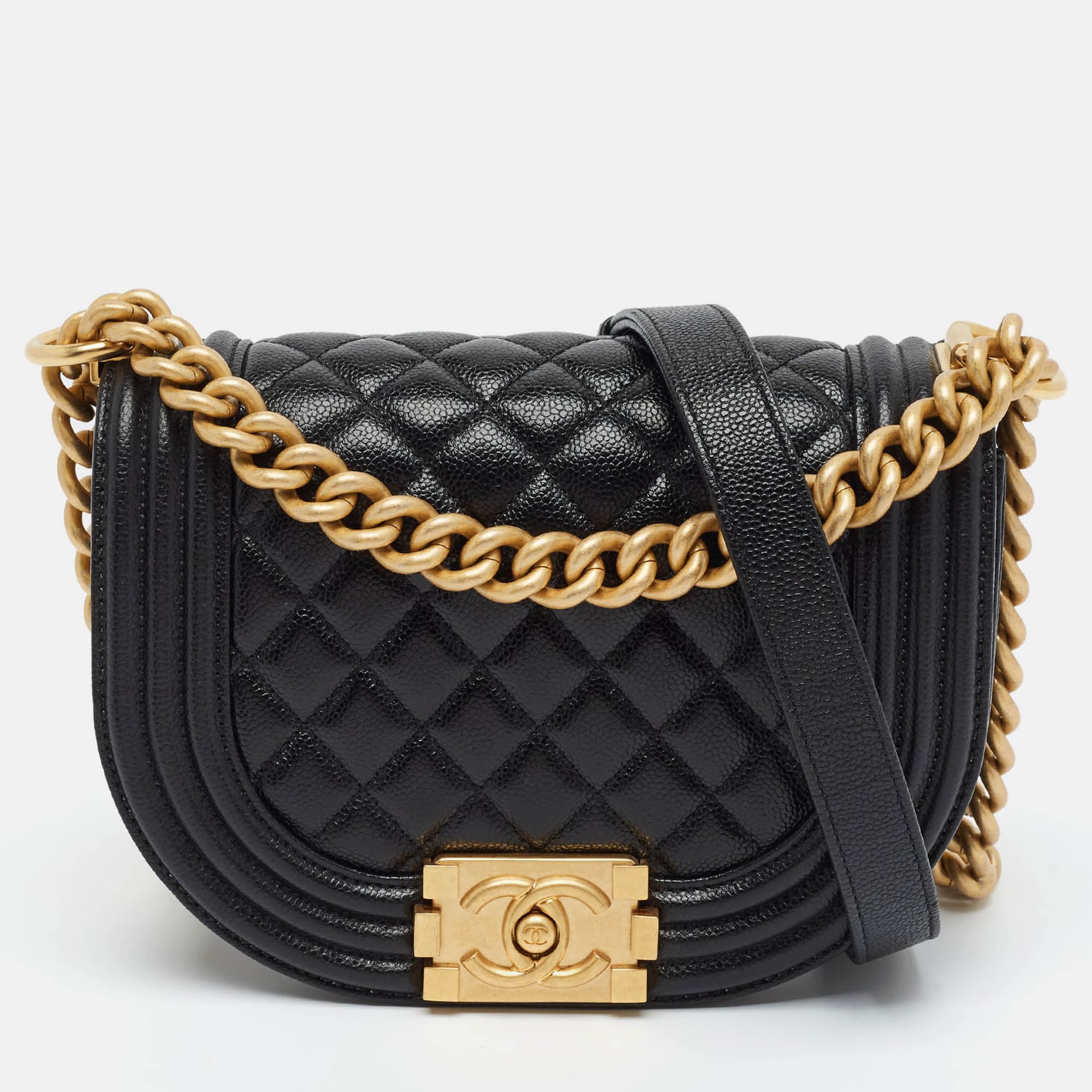 Chanel Boy Curved Small Black Quilted Caviar Leather Messenger Bag