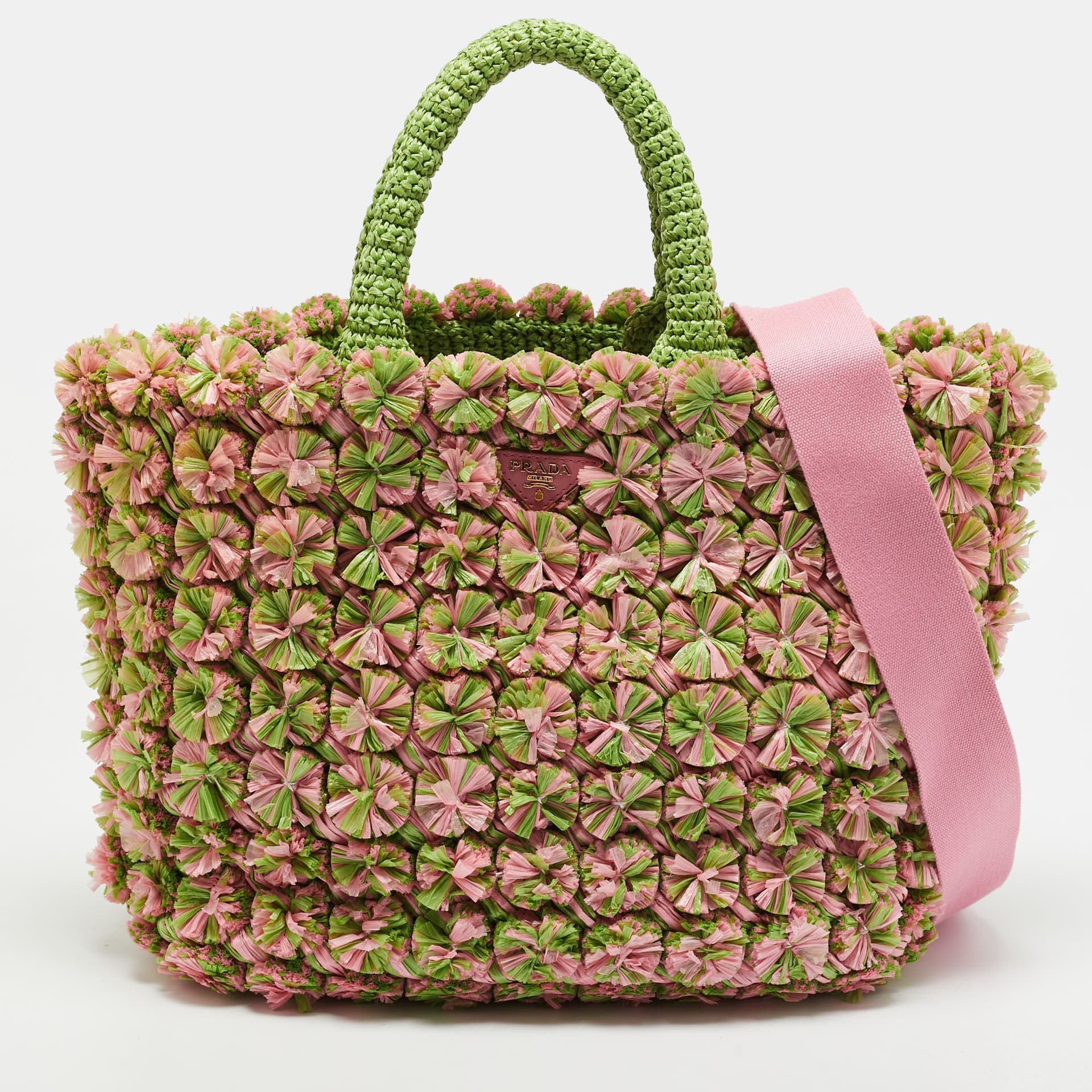 Prada Green/Pink Floral Raffia Tote