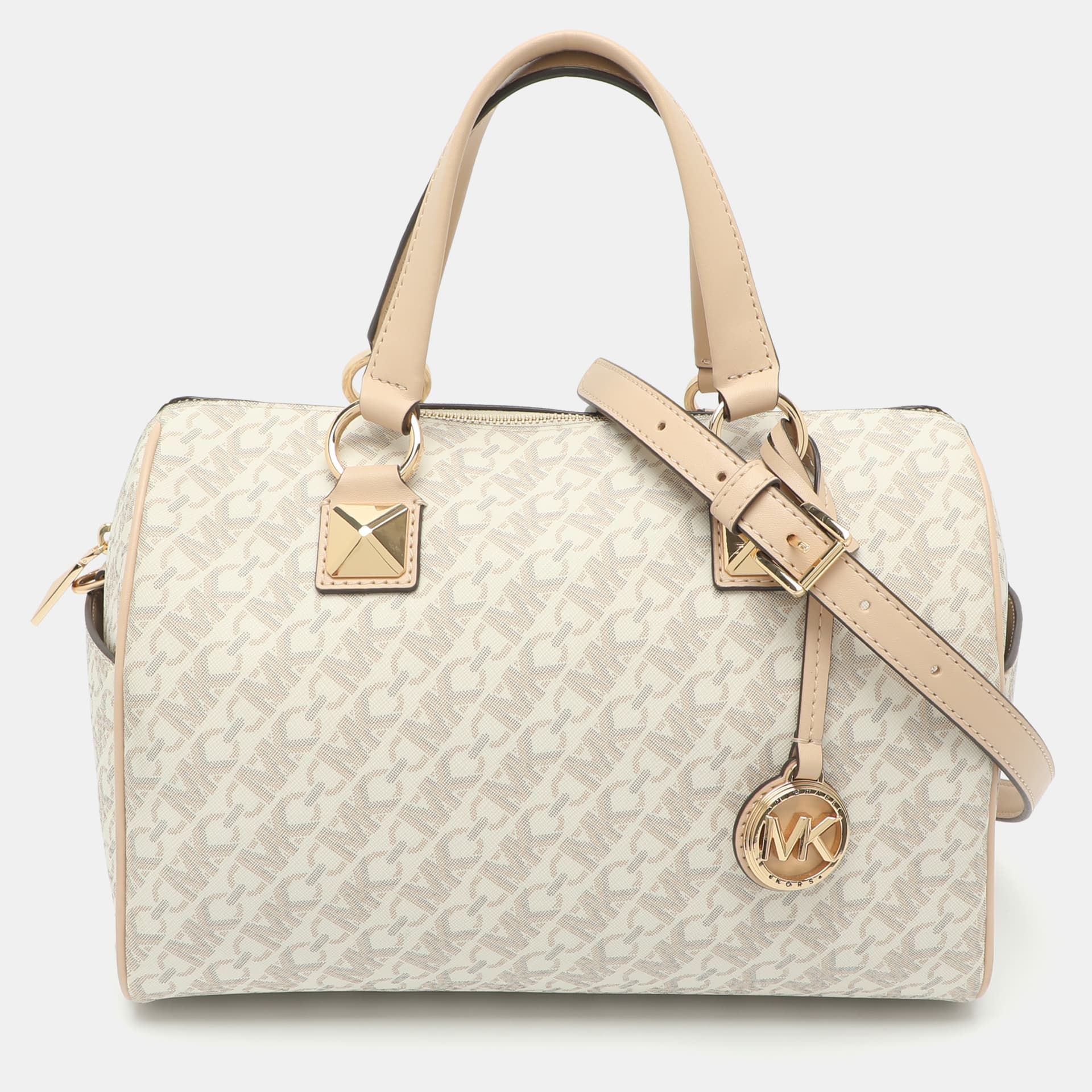 Michael Kors Grayson Medium Beige Signature Coated Canvas and Leather Satchel