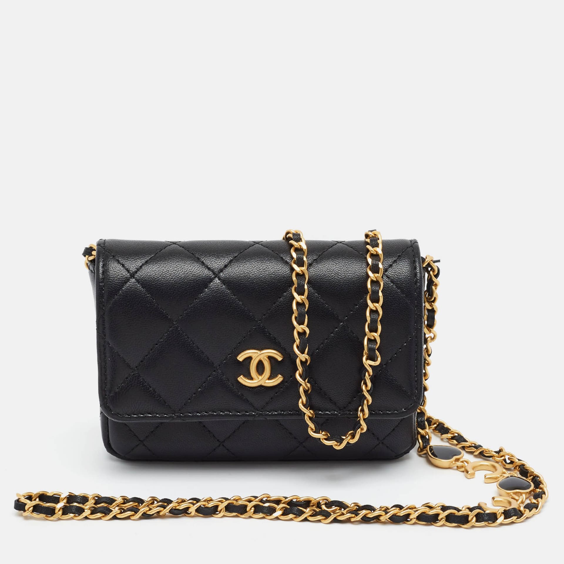 Chanel Coco Hearts Enamel Black Quilted Leather Clutch With Chain